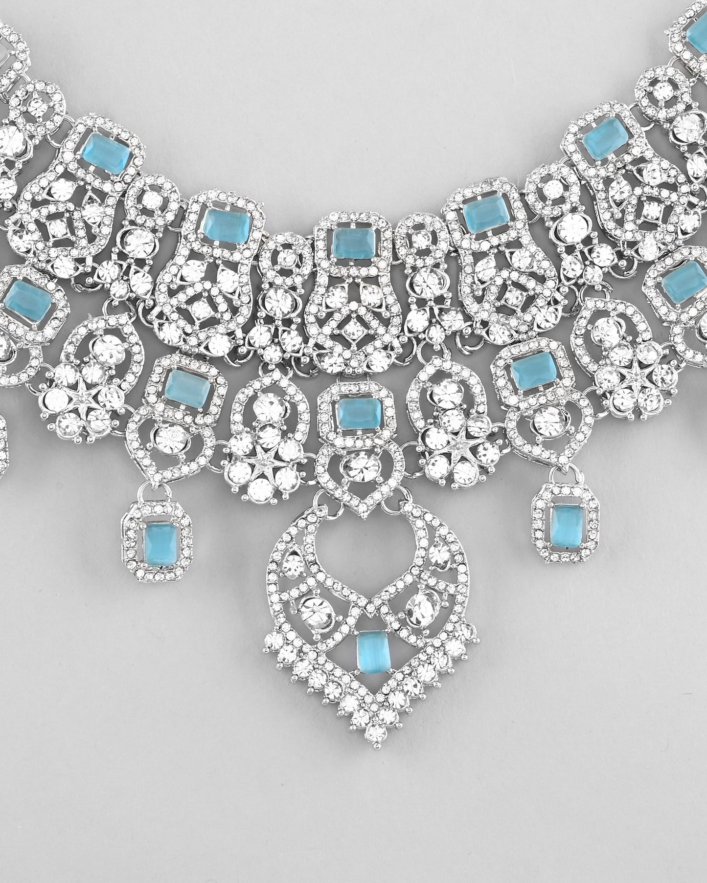 VOJ Silver Plated Designer AD Studded Necklace With Earrings And Mangtikka - Swadesiicart