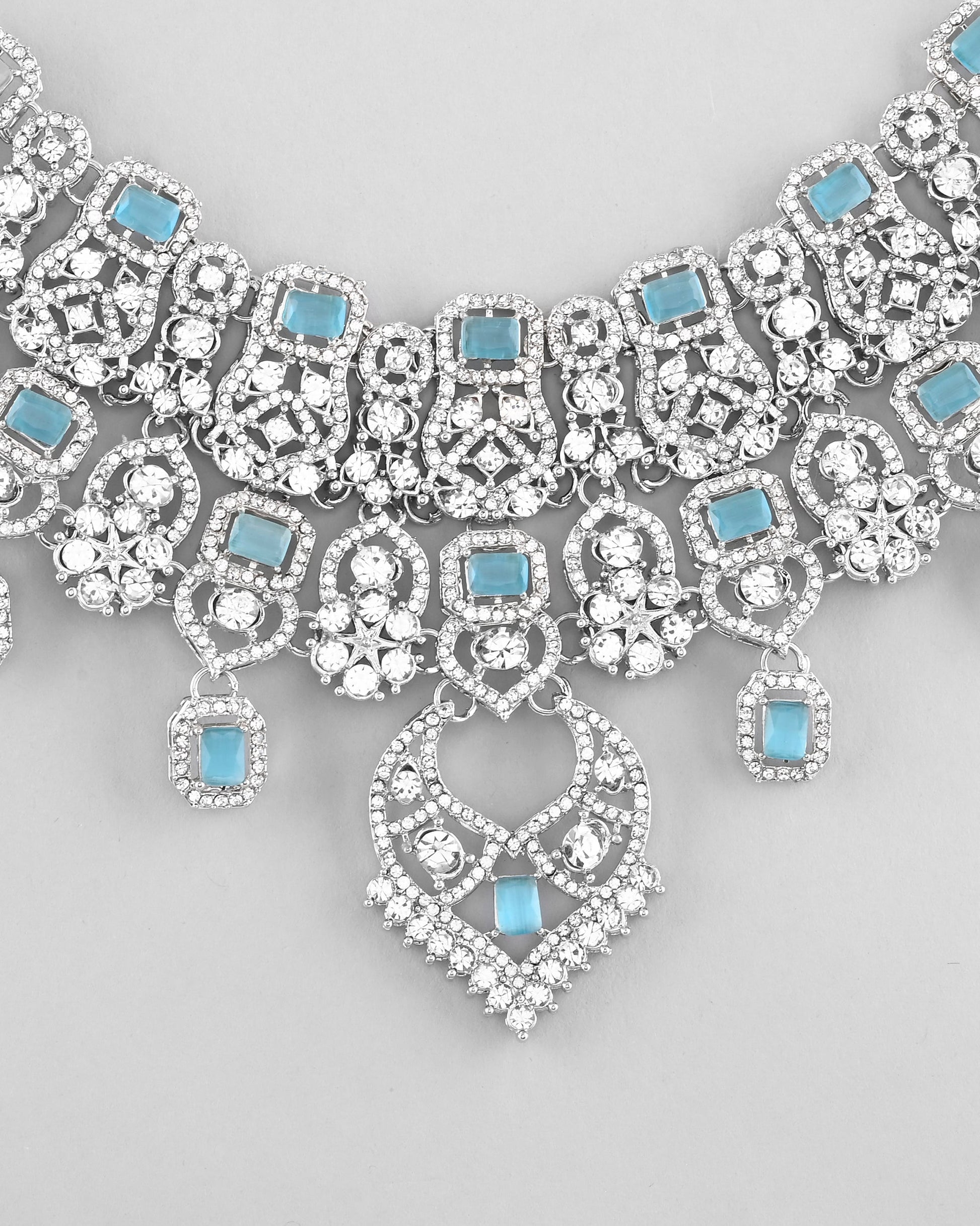 VOJ Silver Plated Designer AD Studded Necklace With Earrings And Mangtikka - Swadesiicart