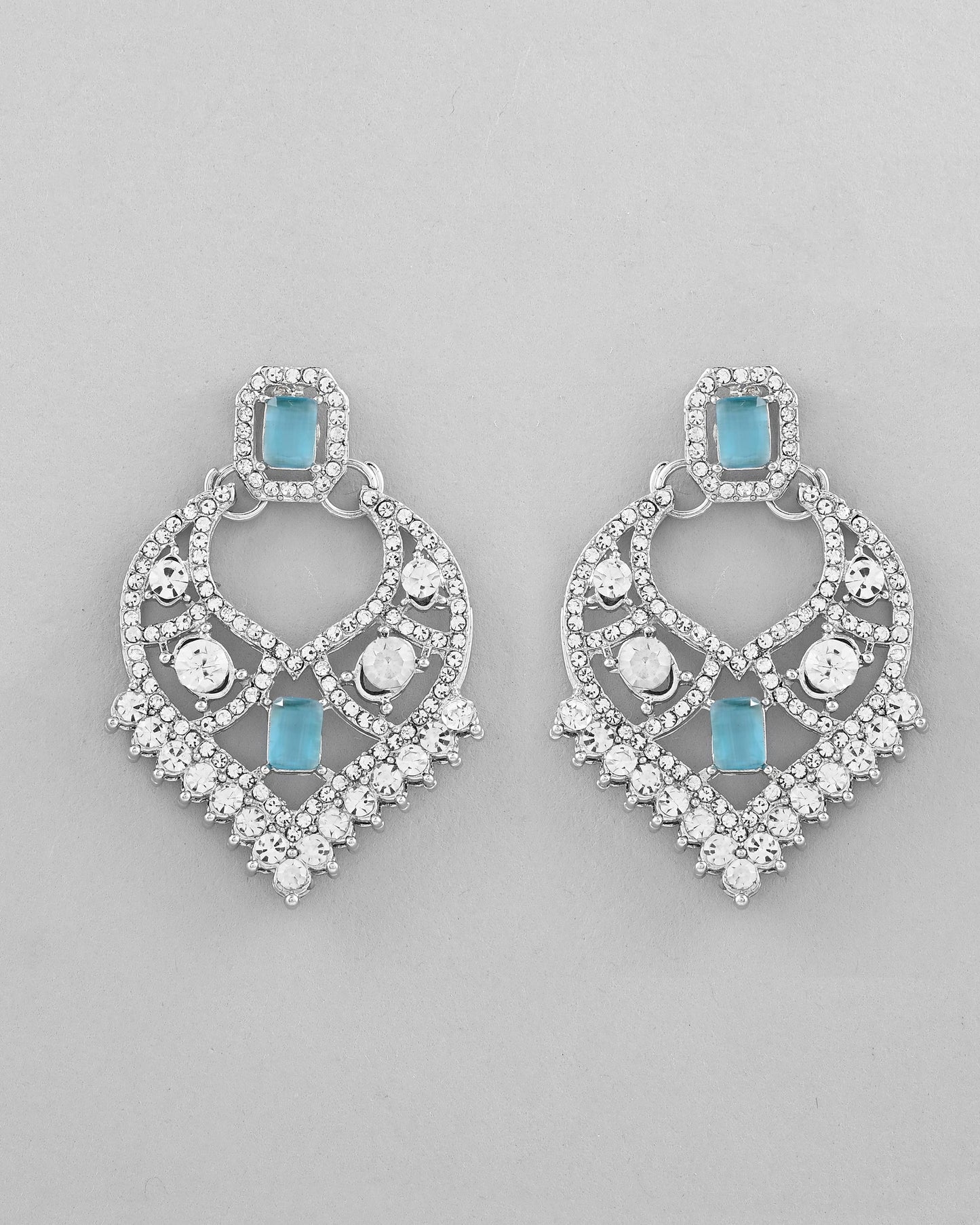 VOJ Silver Plated Designer AD Studded Necklace With Earrings And Mangtikka - Swadesiicart