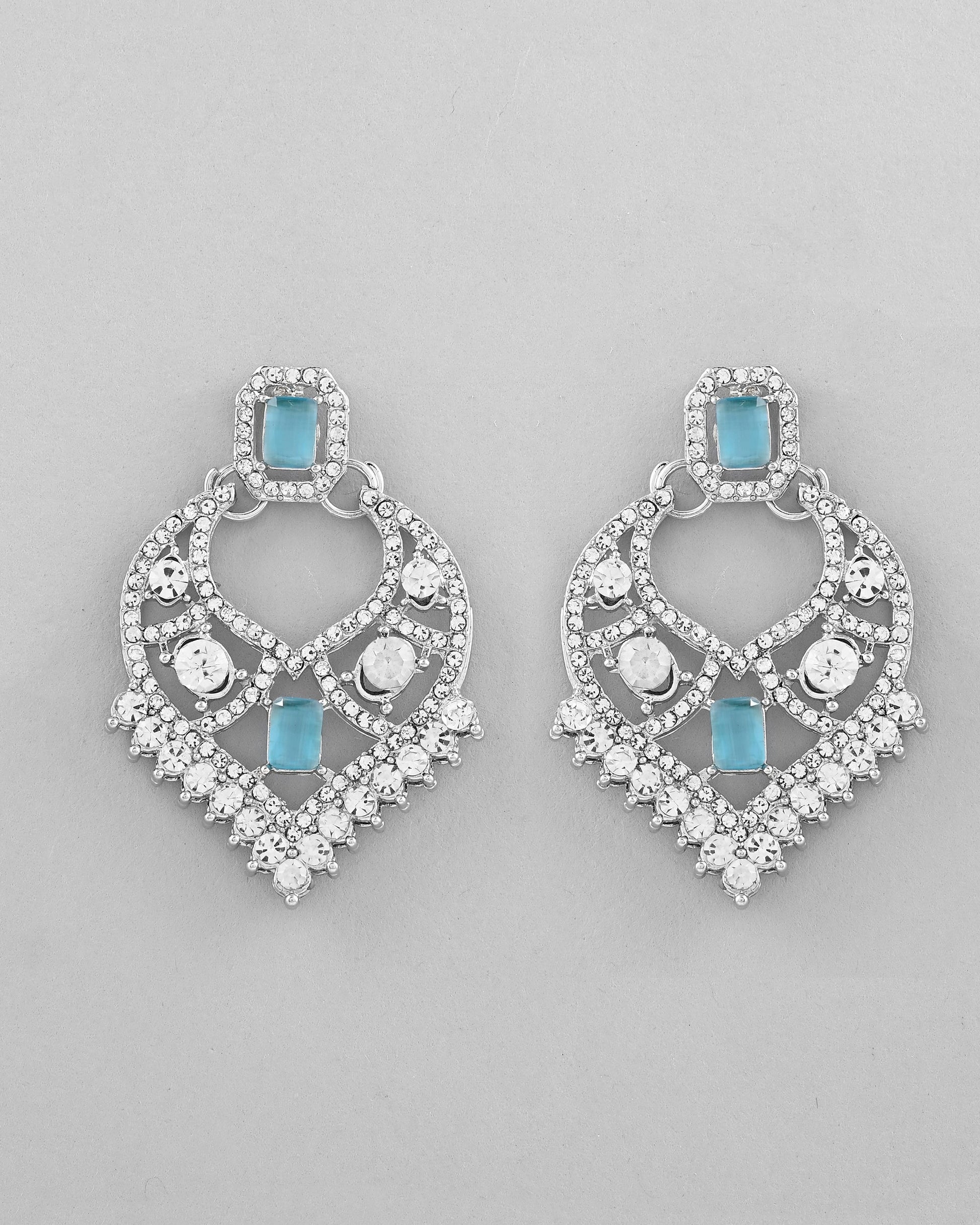 VOJ Silver Plated Designer AD Studded Necklace With Earrings And Mangtikka - Swadesiicart