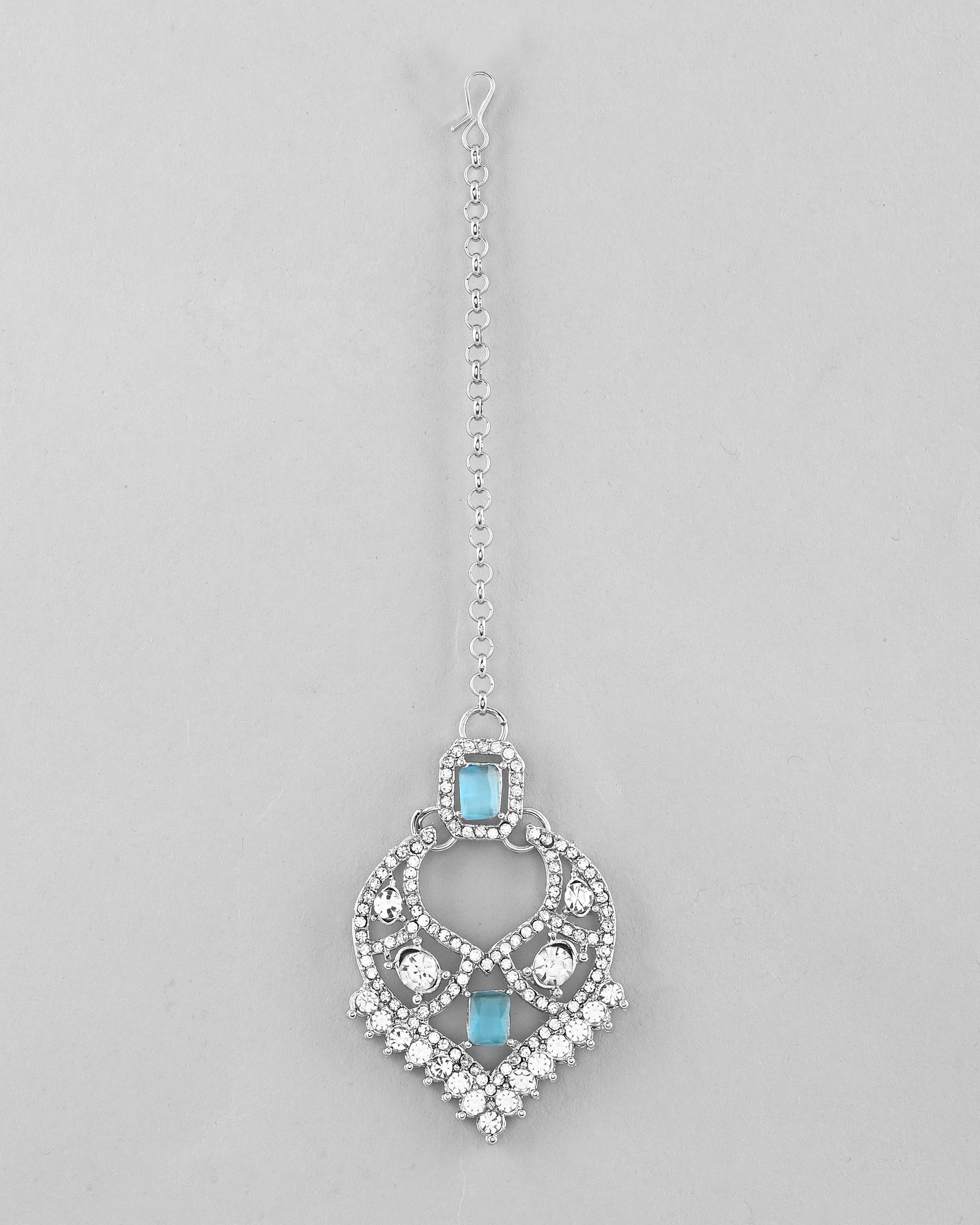 VOJ Silver Plated Designer AD Studded Necklace With Earrings And Mangtikka - Swadesiicart