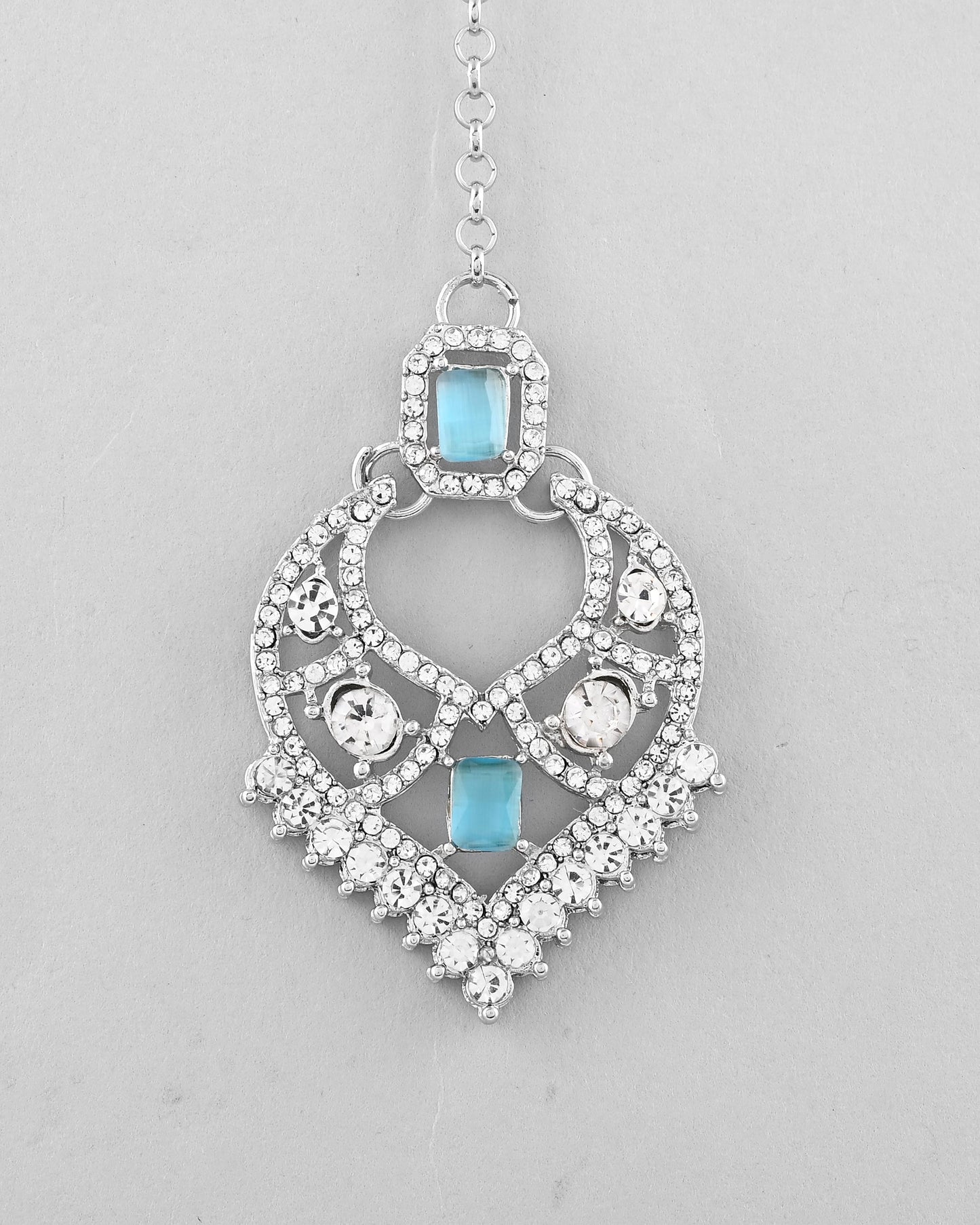 VOJ Silver Plated Designer AD Studded Necklace With Earrings And Mangtikka - Swadesiicart