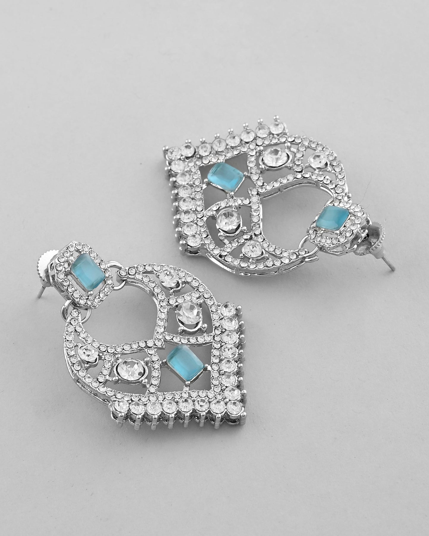 VOJ Silver Plated Designer AD Studded Necklace With Earrings And Mangtikka - Swadesiicart