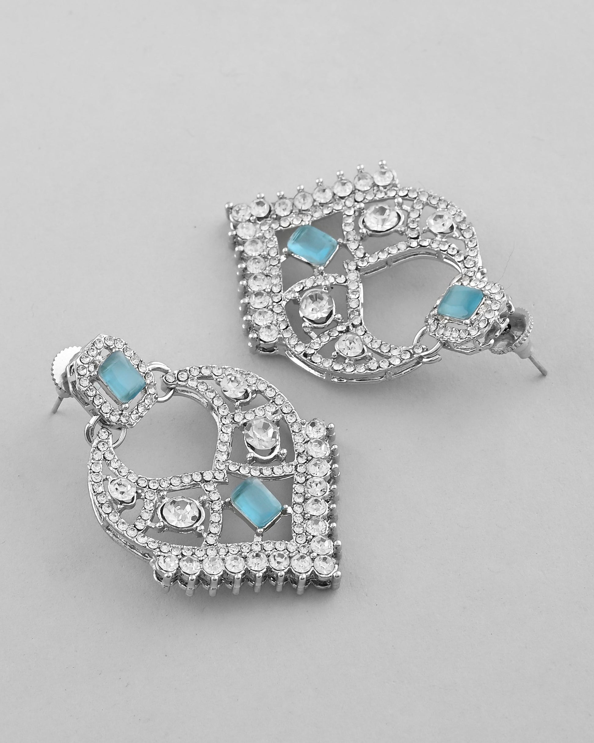 VOJ Silver Plated Designer AD Studded Necklace With Earrings And Mangtikka - Swadesiicart