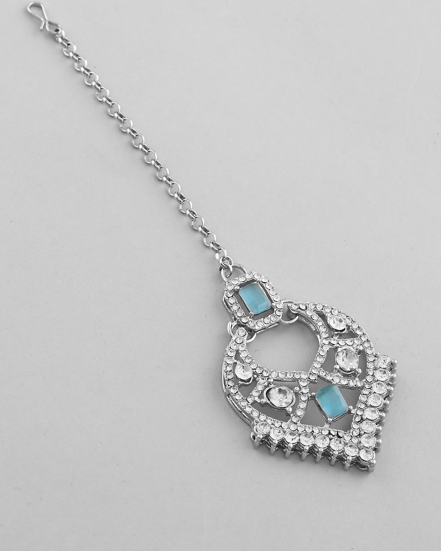 VOJ Silver Plated Designer AD Studded Necklace With Earrings And Mangtikka - Swadesiicart
