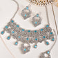 VOJ Silver Plated Designer AD Studded Necklace With Earrings And Mangtikka - Swadesiicart