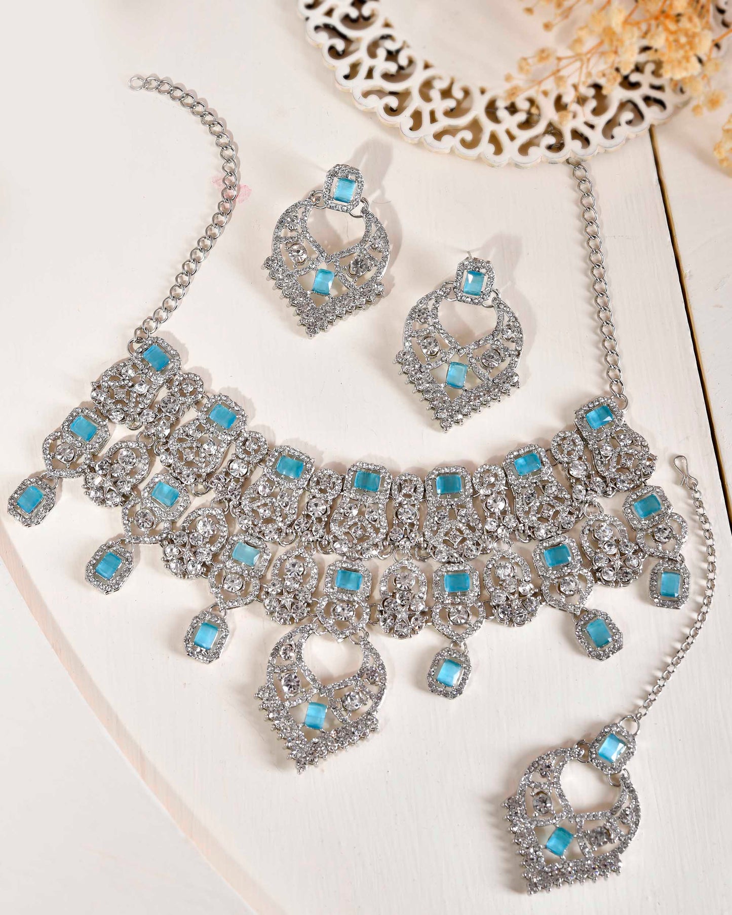 VOJ Silver Plated Designer AD Studded Necklace With Earrings And Mangtikka - Swadesiicart