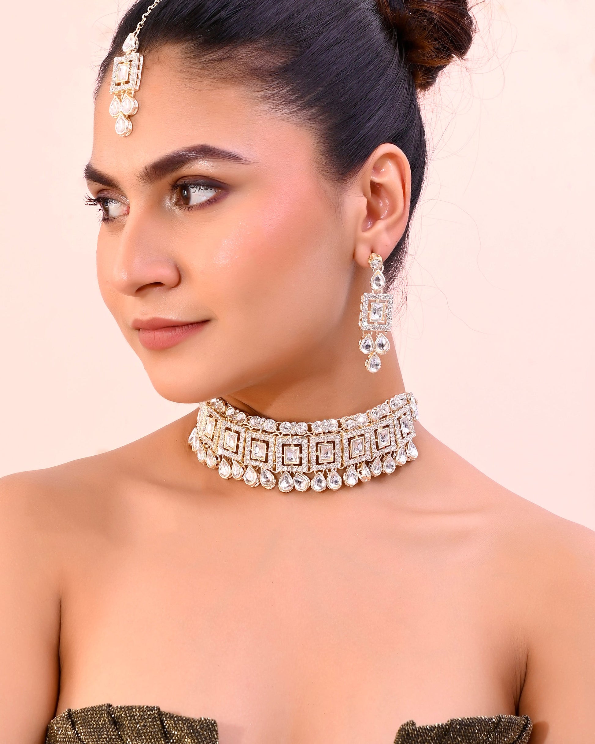 VOJ Silver Plated Stone Studded Designer Necklace With Earrings And Mangtikka - Swadesiicart