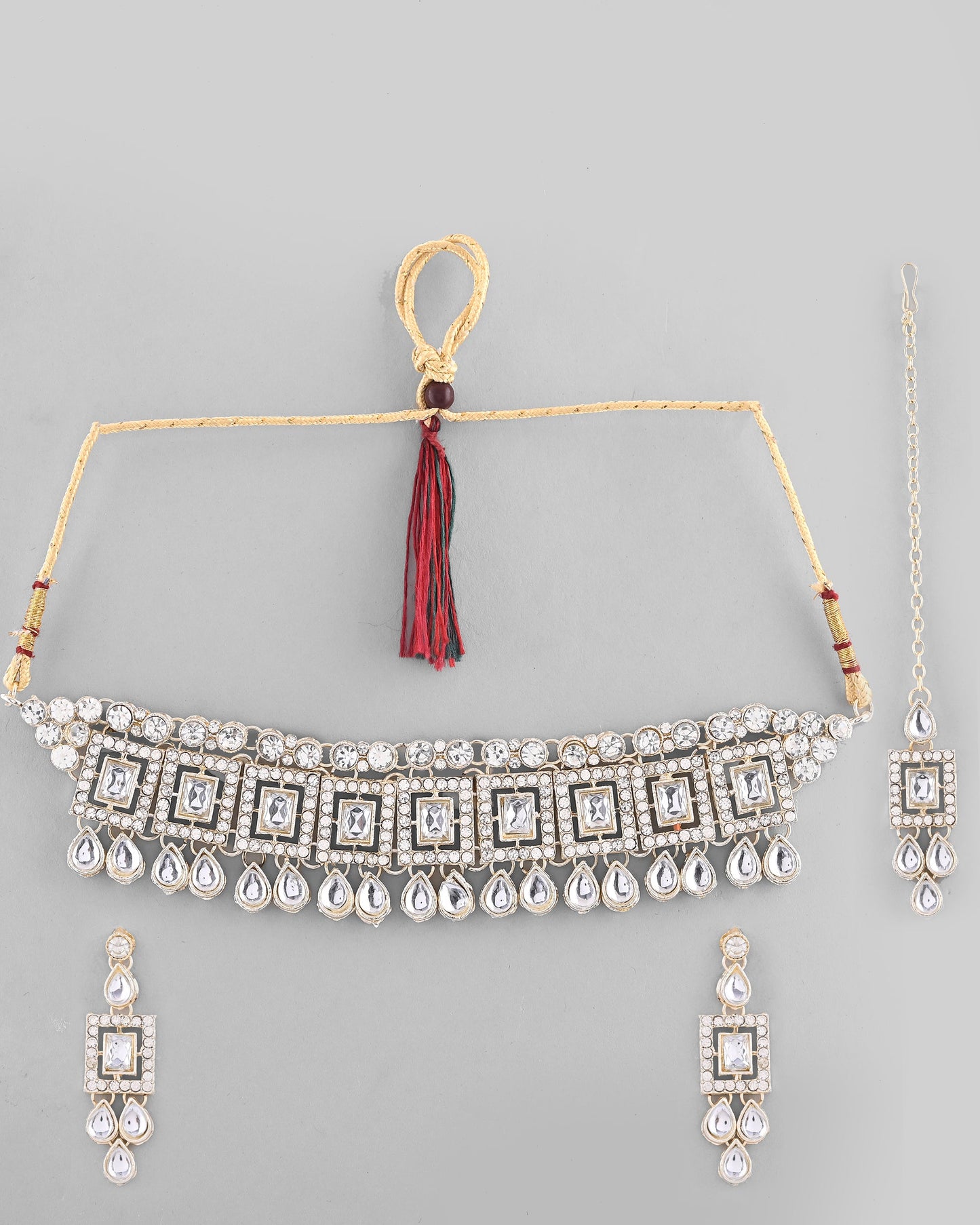 VOJ Silver Plated Stone Studded Designer Necklace With Earrings And Mangtikka - Swadesiicart