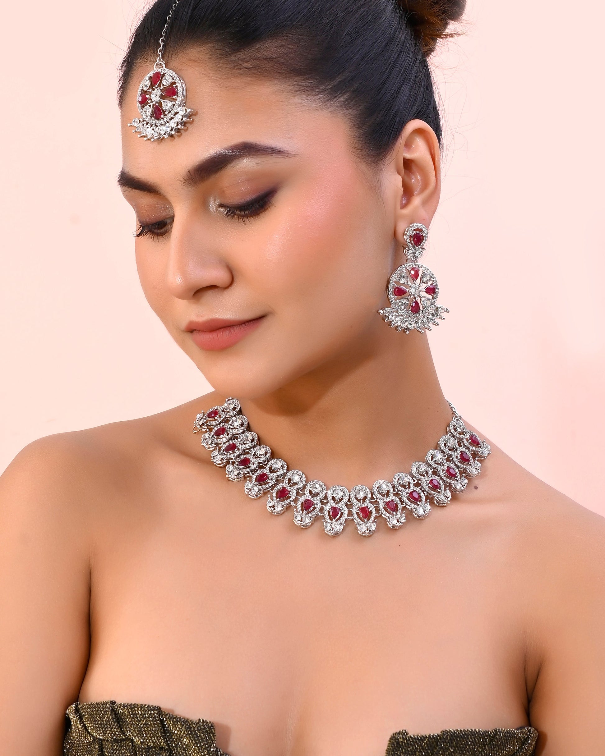 VOJ Silver Plated Pink AD Stone Studded Designer Jewellery Set With Mangtikka - Swadesiicart