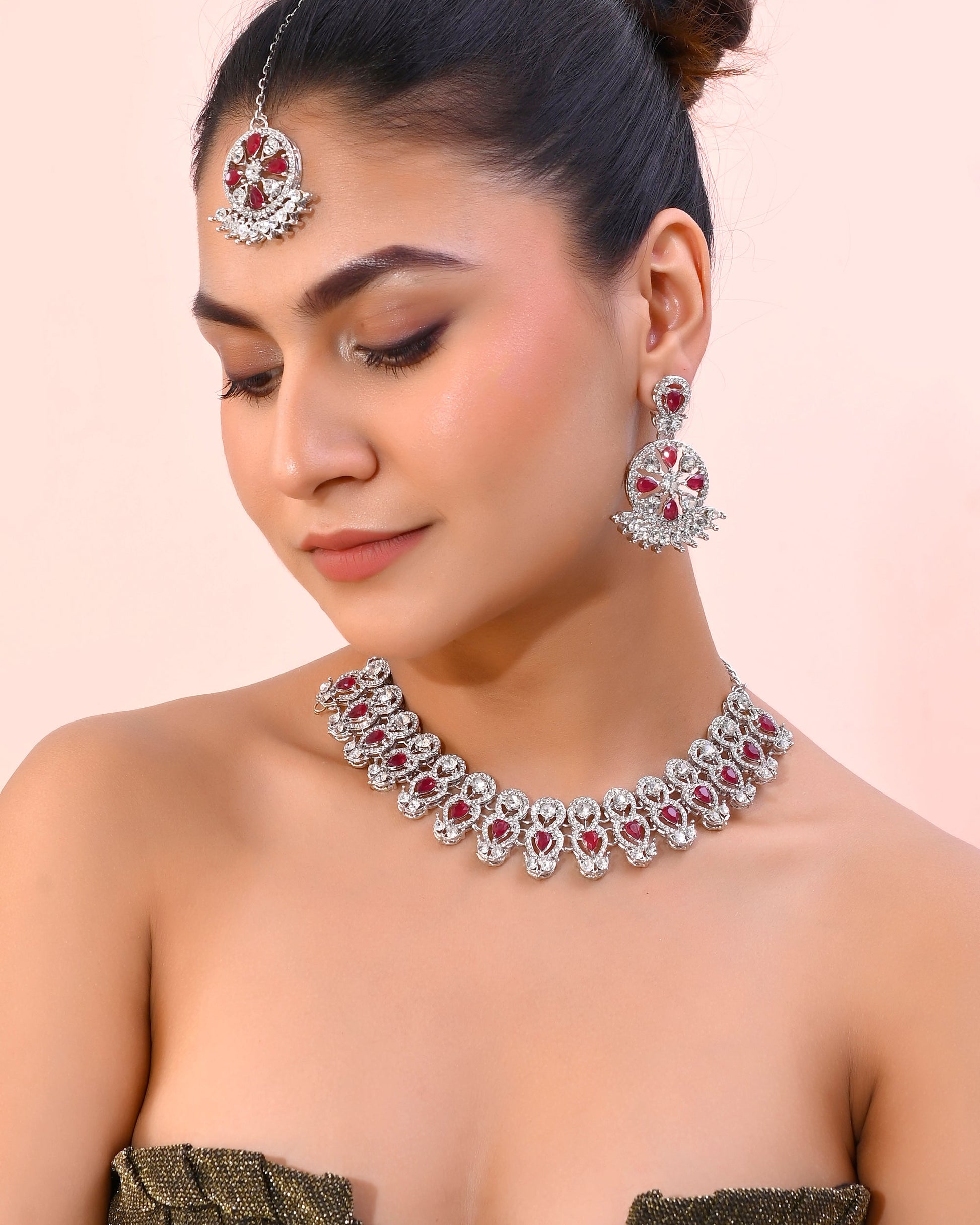 VOJ Silver Plated Pink AD Stone Studded Designer Jewellery Set With Mangtikka - Swadesiicart