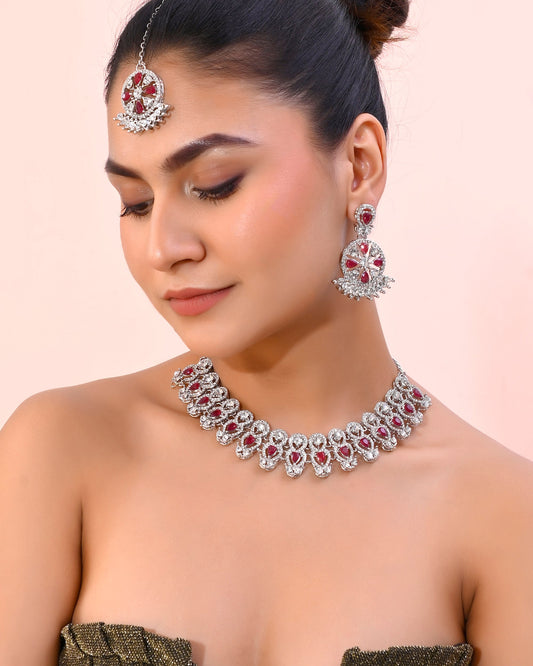 VOJ Silver Plated Pink AD Stone Studded Designer Jewellery Set With Mangtikka - Swadesiicart