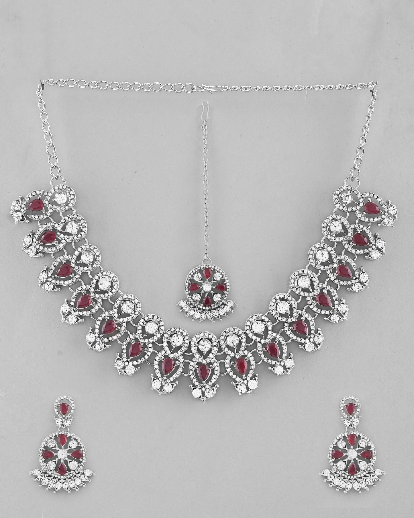 VOJ Silver Plated Pink AD Stone Studded Designer Jewellery Set With Mangtikka - Swadesiicart