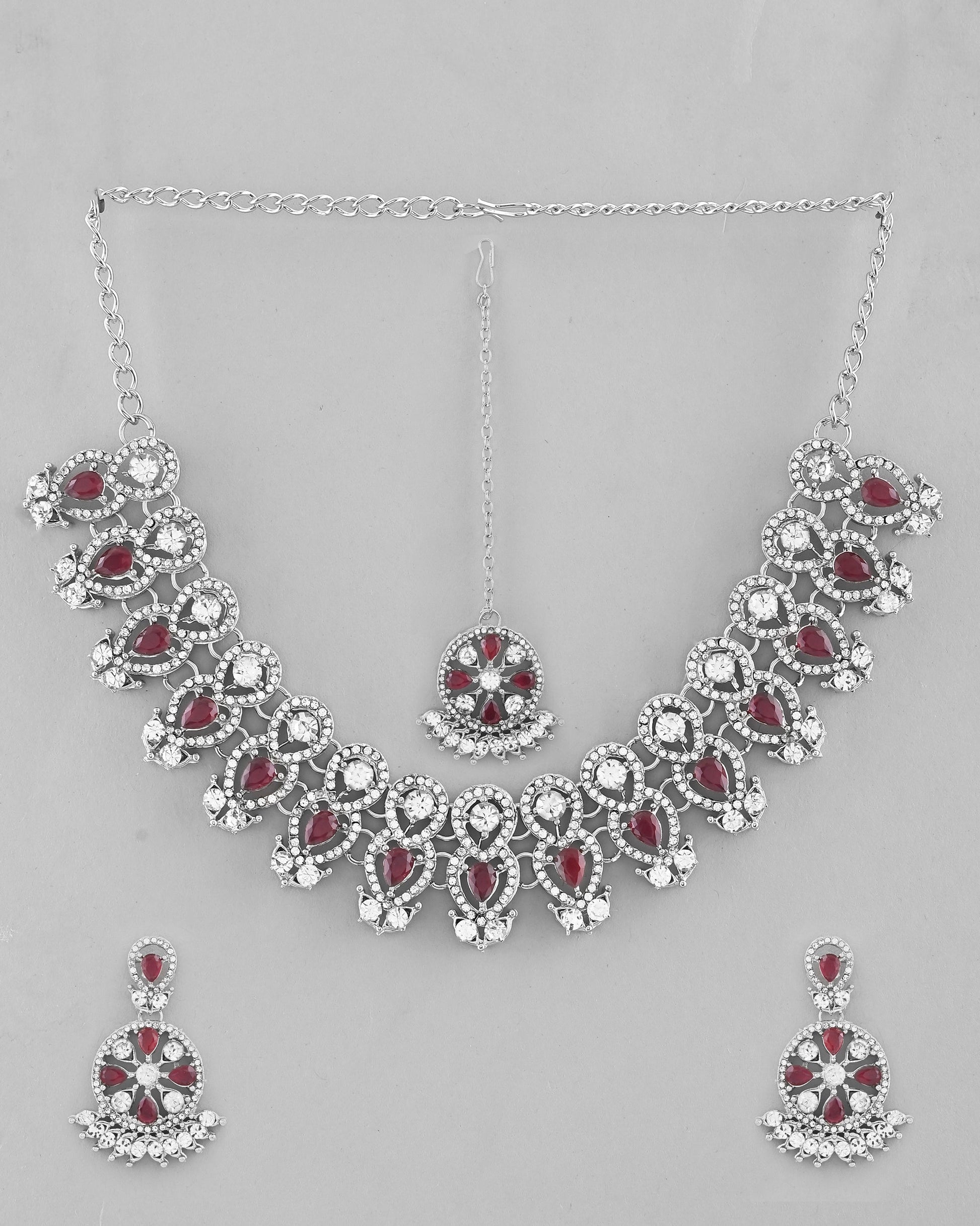 VOJ Silver Plated Pink AD Stone Studded Designer Jewellery Set With Mangtikka - Swadesiicart
