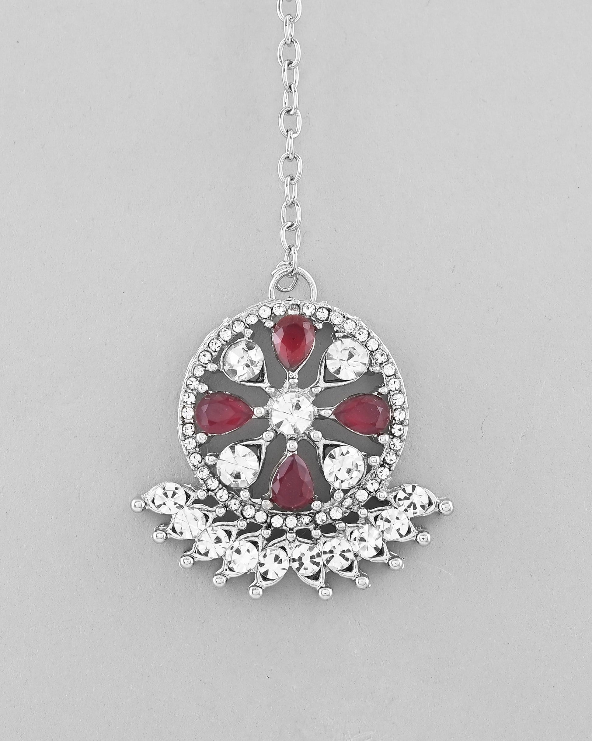 VOJ Silver Plated Pink AD Stone Studded Designer Jewellery Set With Mangtikka - Swadesiicart