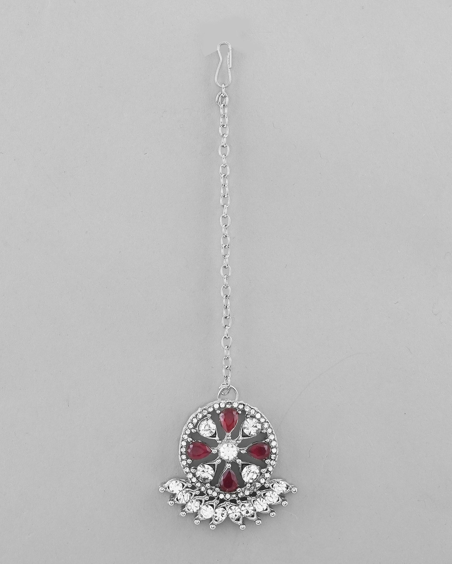 VOJ Silver Plated Pink AD Stone Studded Designer Jewellery Set With Mangtikka - Swadesiicart