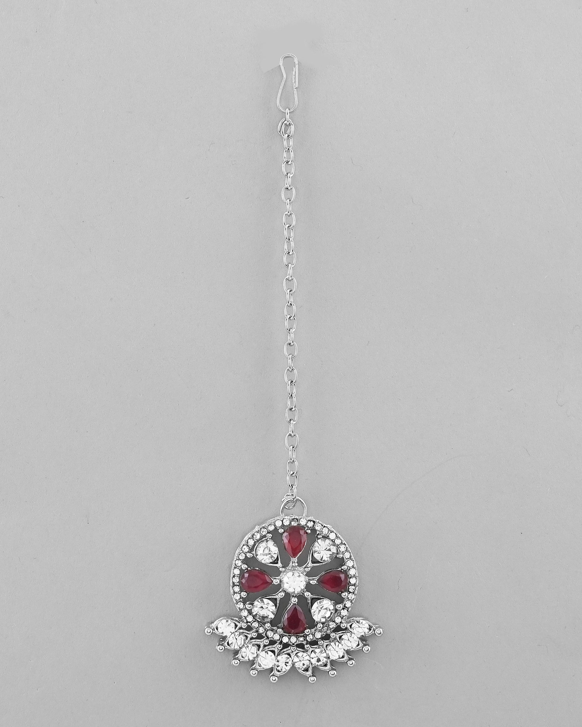 VOJ Silver Plated Pink AD Stone Studded Designer Jewellery Set With Mangtikka - Swadesiicart