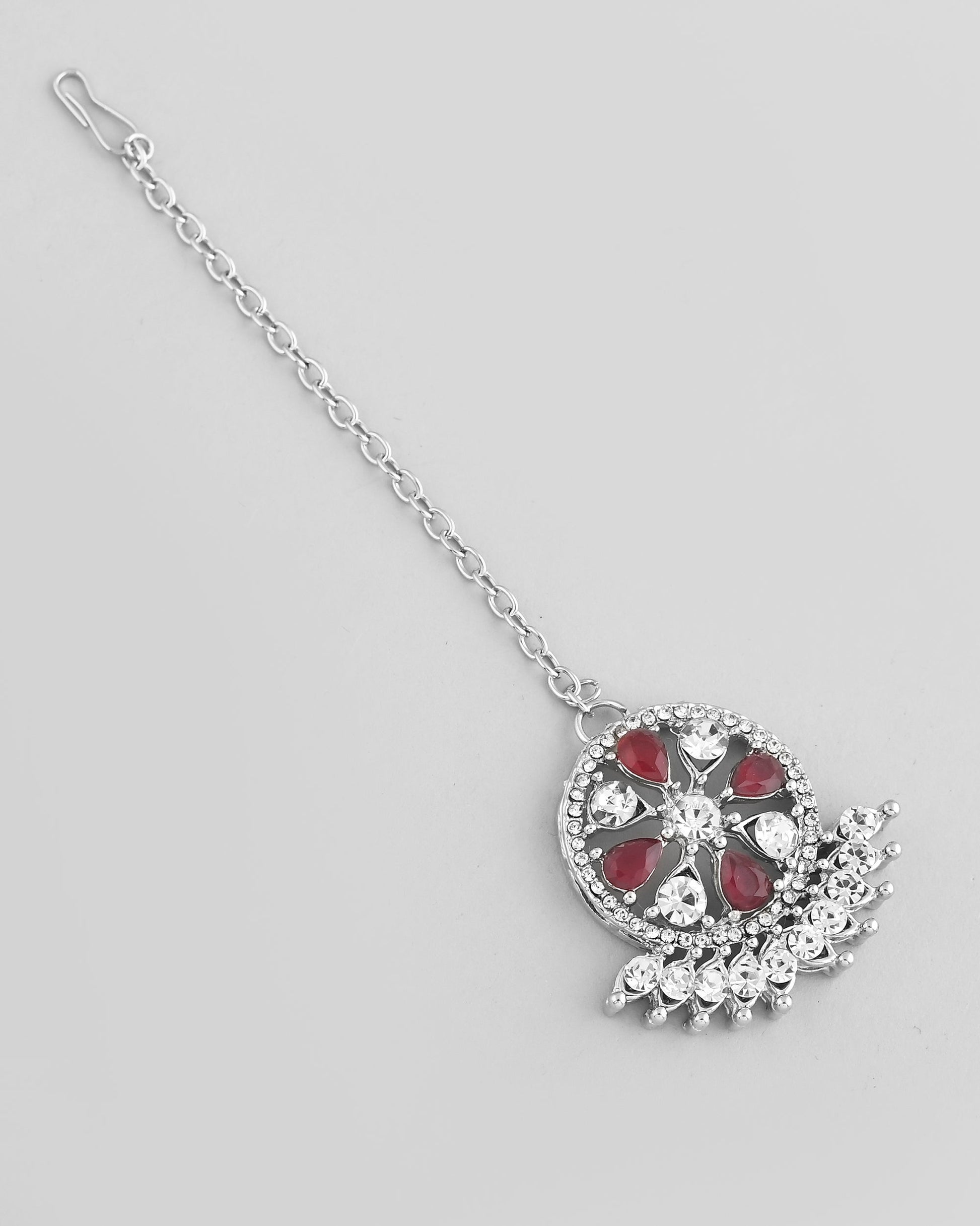VOJ Silver Plated Pink AD Stone Studded Designer Jewellery Set With Mangtikka - Swadesiicart