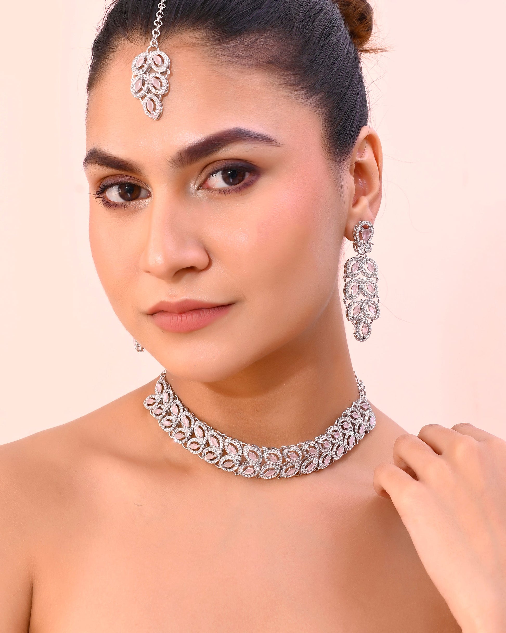 VOJ Silver Plated Baby Pink AD Stone Studded Designer Jewellery Set With Mangtikka - Swadesiicart