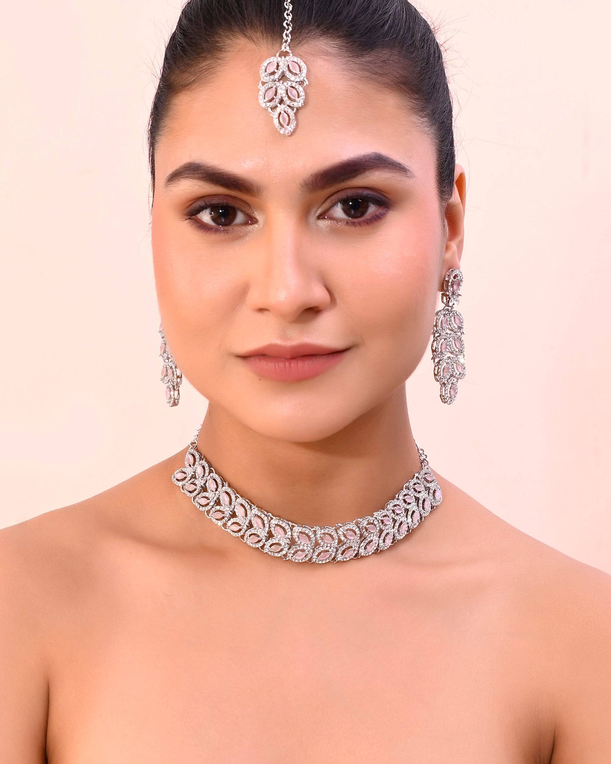 VOJ Silver Plated Baby Pink AD Stone Studded Designer Jewellery Set With Mangtikka - Swadesiicart