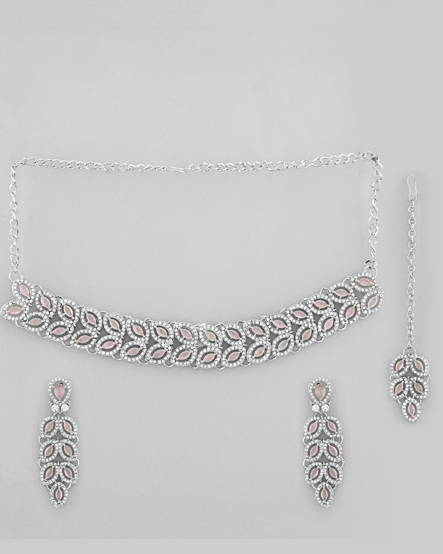 VOJ Silver Plated Baby Pink AD Stone Studded Designer Jewellery Set With Mangtikka - Swadesiicart
