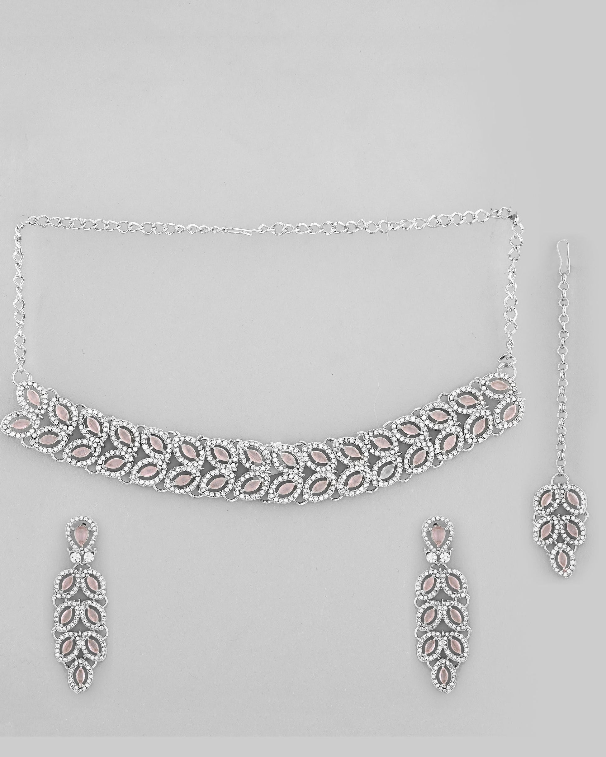 VOJ Silver Plated Baby Pink AD Stone Studded Designer Jewellery Set With Mangtikka - Swadesiicart