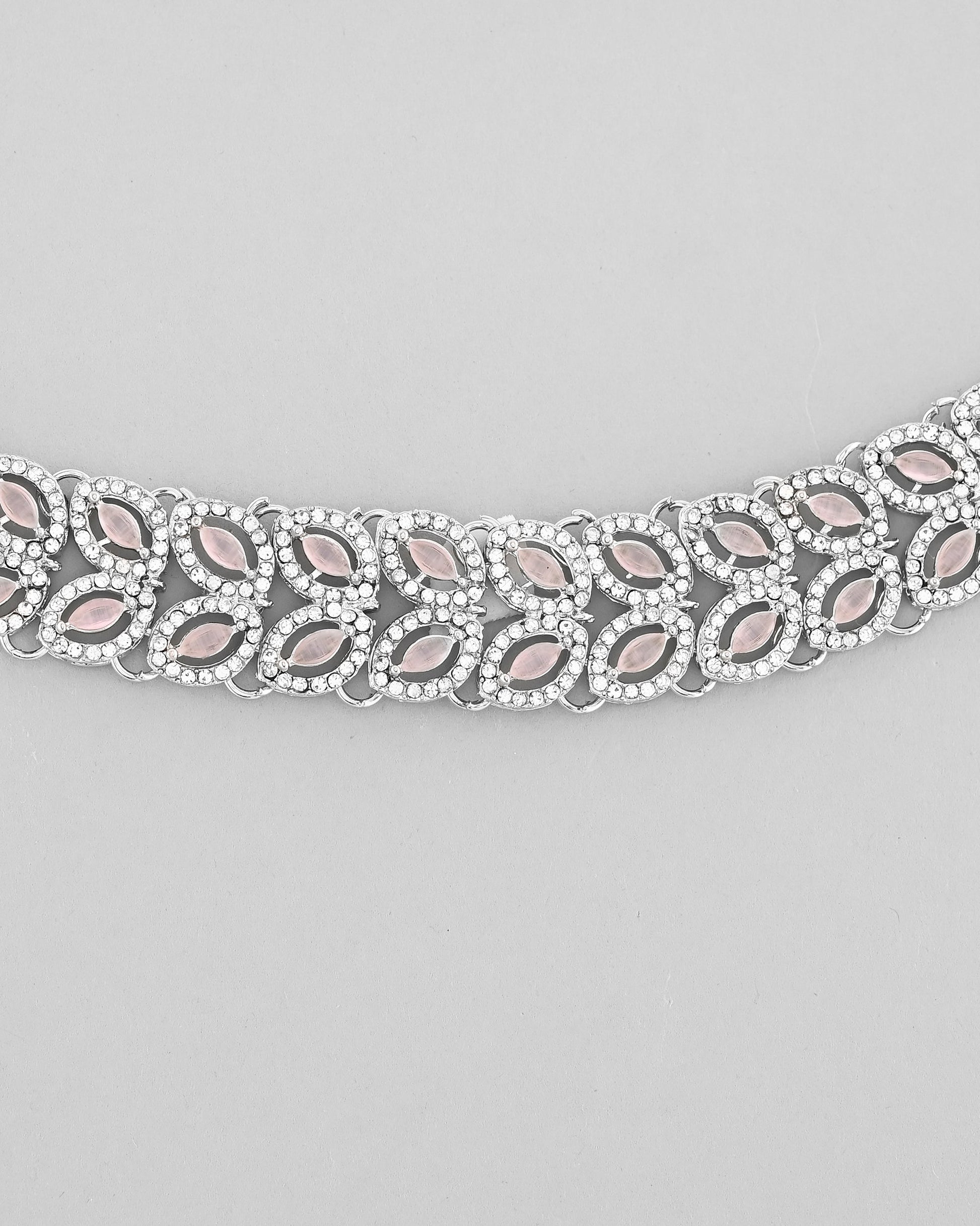 VOJ Silver Plated Baby Pink AD Stone Studded Designer Jewellery Set With Mangtikka - Swadesiicart