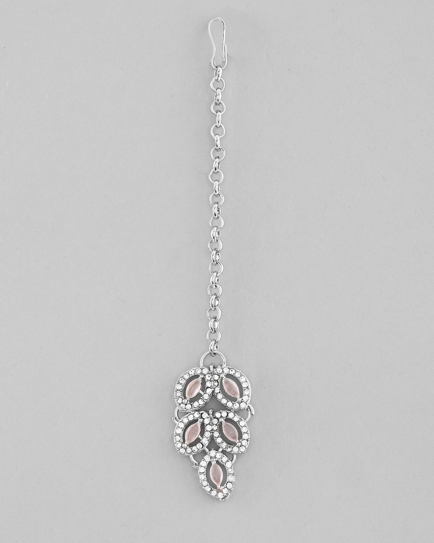 VOJ Silver Plated Baby Pink AD Stone Studded Designer Jewellery Set With Mangtikka - Swadesiicart