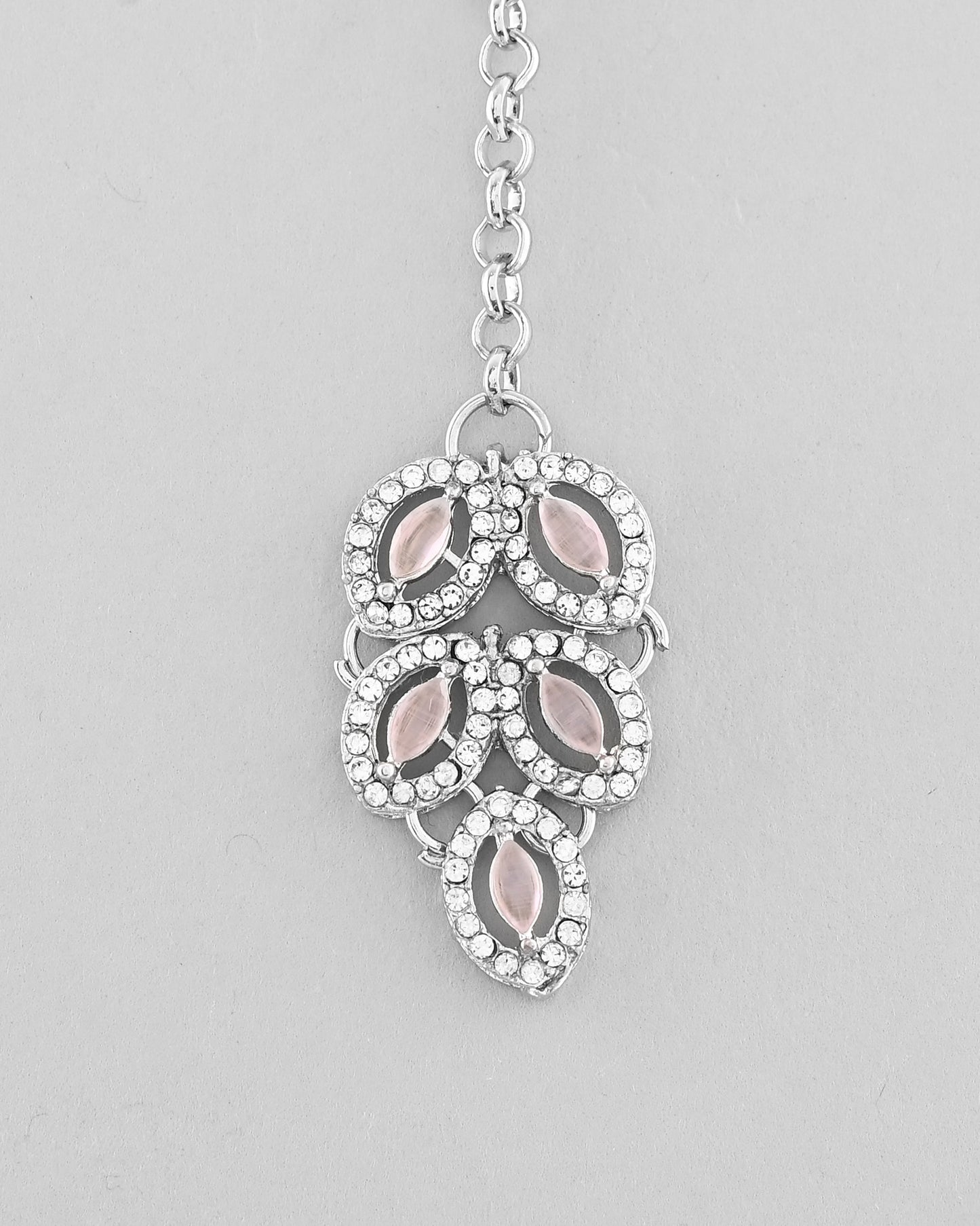 VOJ Silver Plated Baby Pink AD Stone Studded Designer Jewellery Set With Mangtikka - Swadesiicart