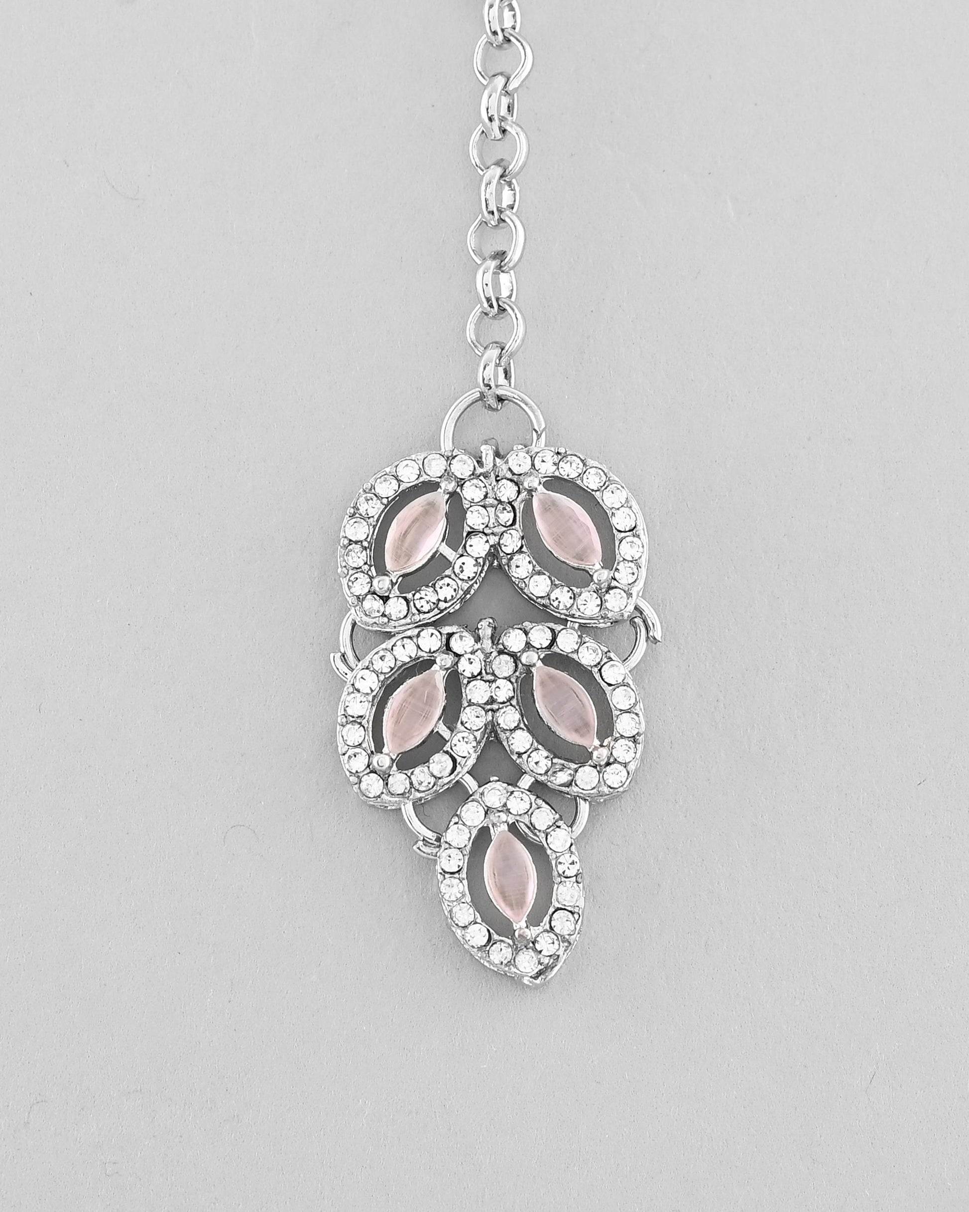 VOJ Silver Plated Baby Pink AD Stone Studded Designer Jewellery Set With Mangtikka - Swadesiicart