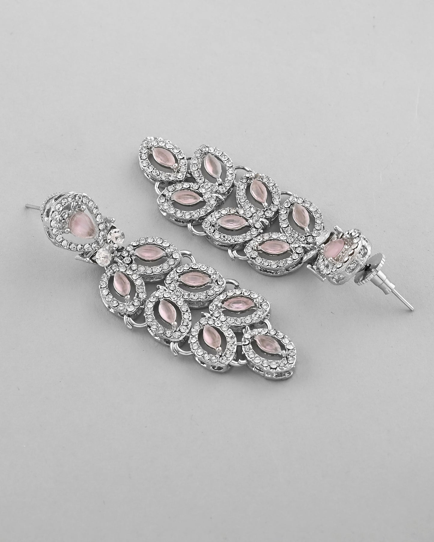 VOJ Silver Plated Baby Pink AD Stone Studded Designer Jewellery Set With Mangtikka - Swadesiicart