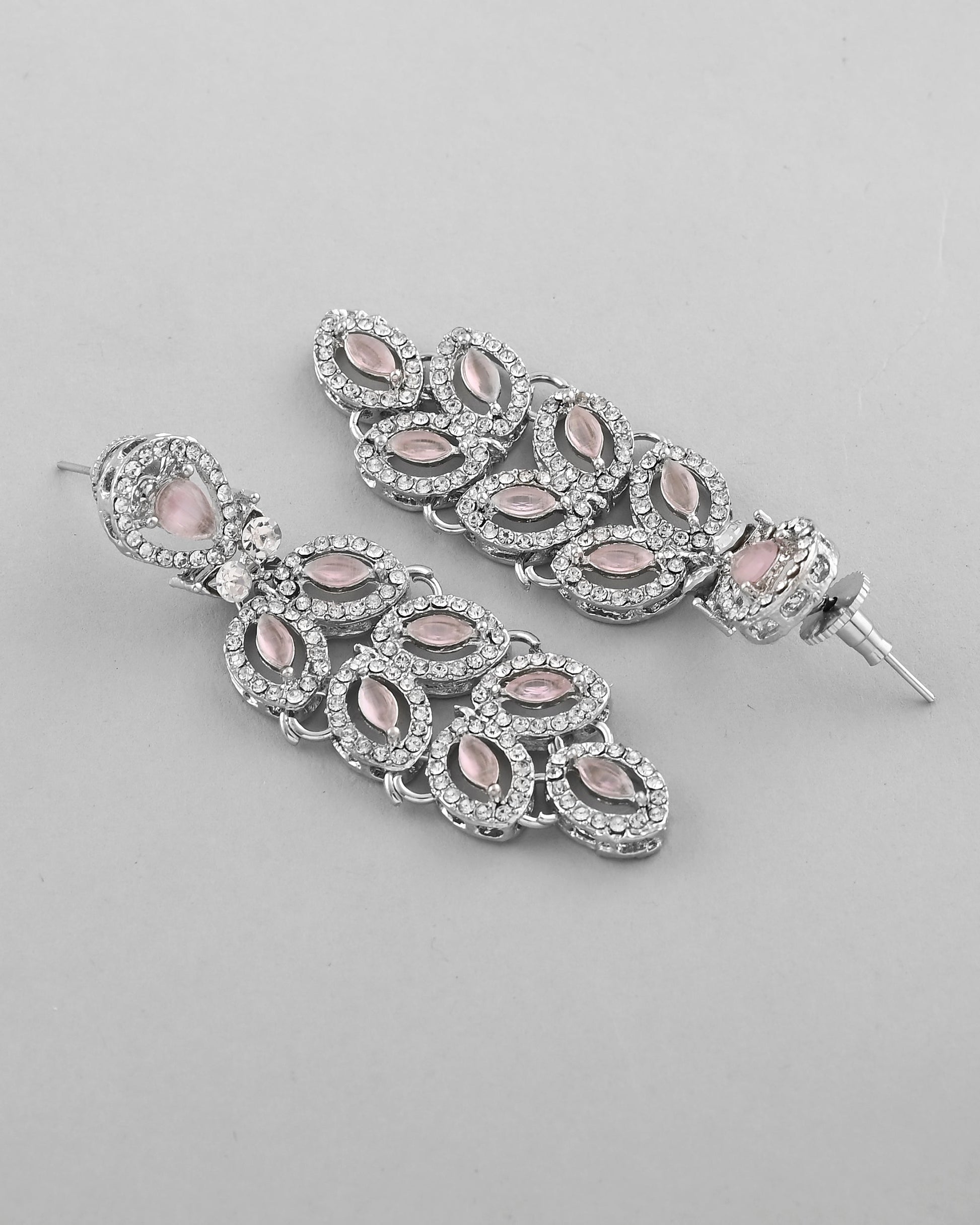 VOJ Silver Plated Baby Pink AD Stone Studded Designer Jewellery Set With Mangtikka - Swadesiicart