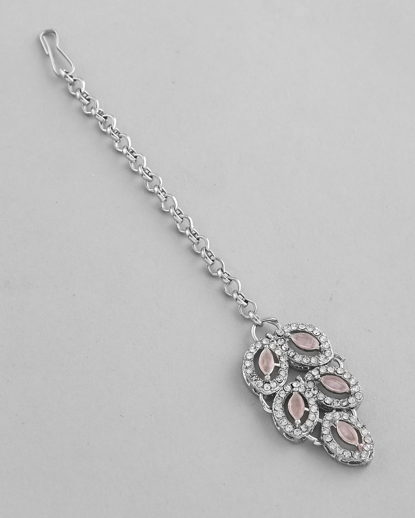 VOJ Silver Plated Baby Pink AD Stone Studded Designer Jewellery Set With Mangtikka - Swadesiicart