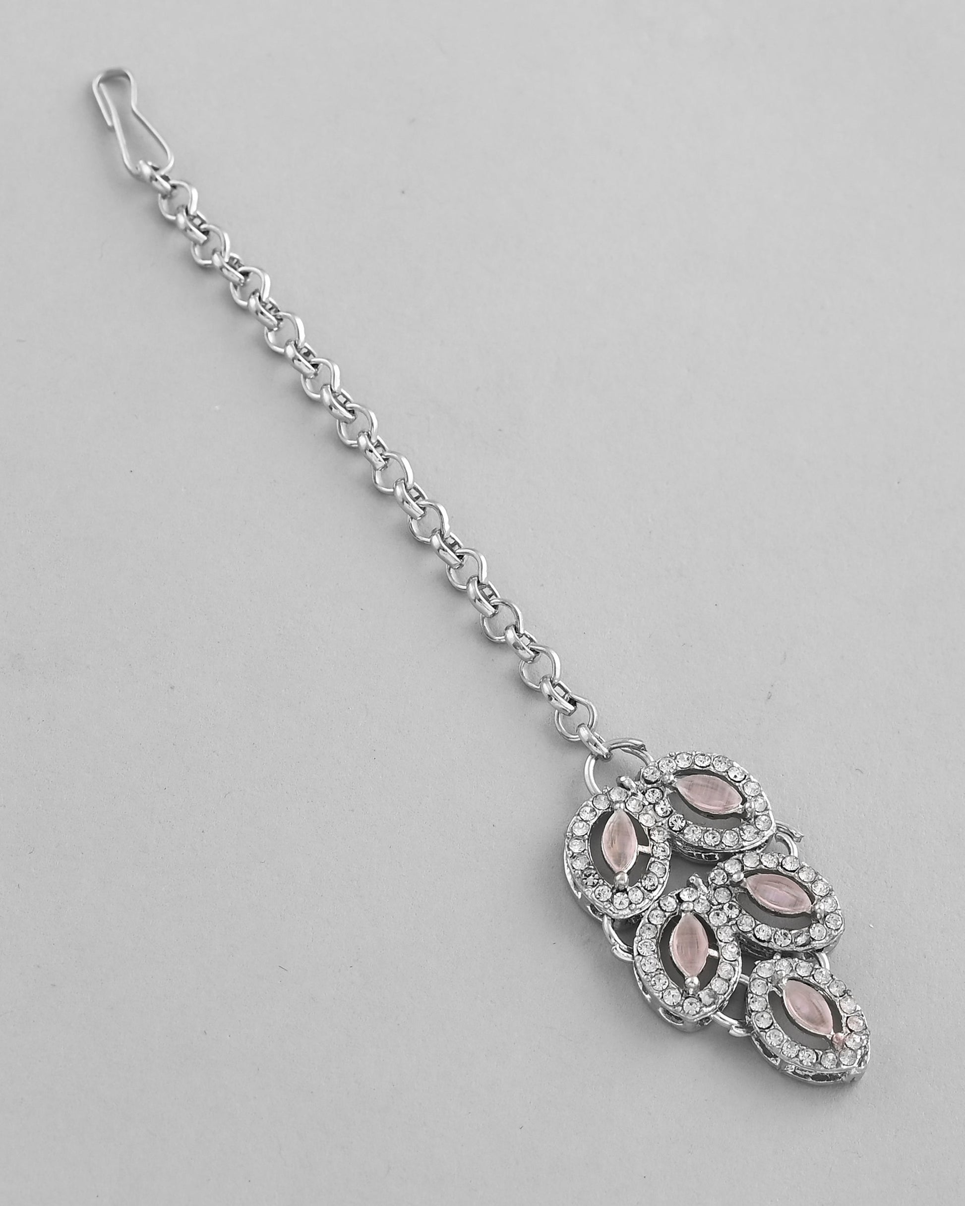 VOJ Silver Plated Baby Pink AD Stone Studded Designer Jewellery Set With Mangtikka - Swadesiicart