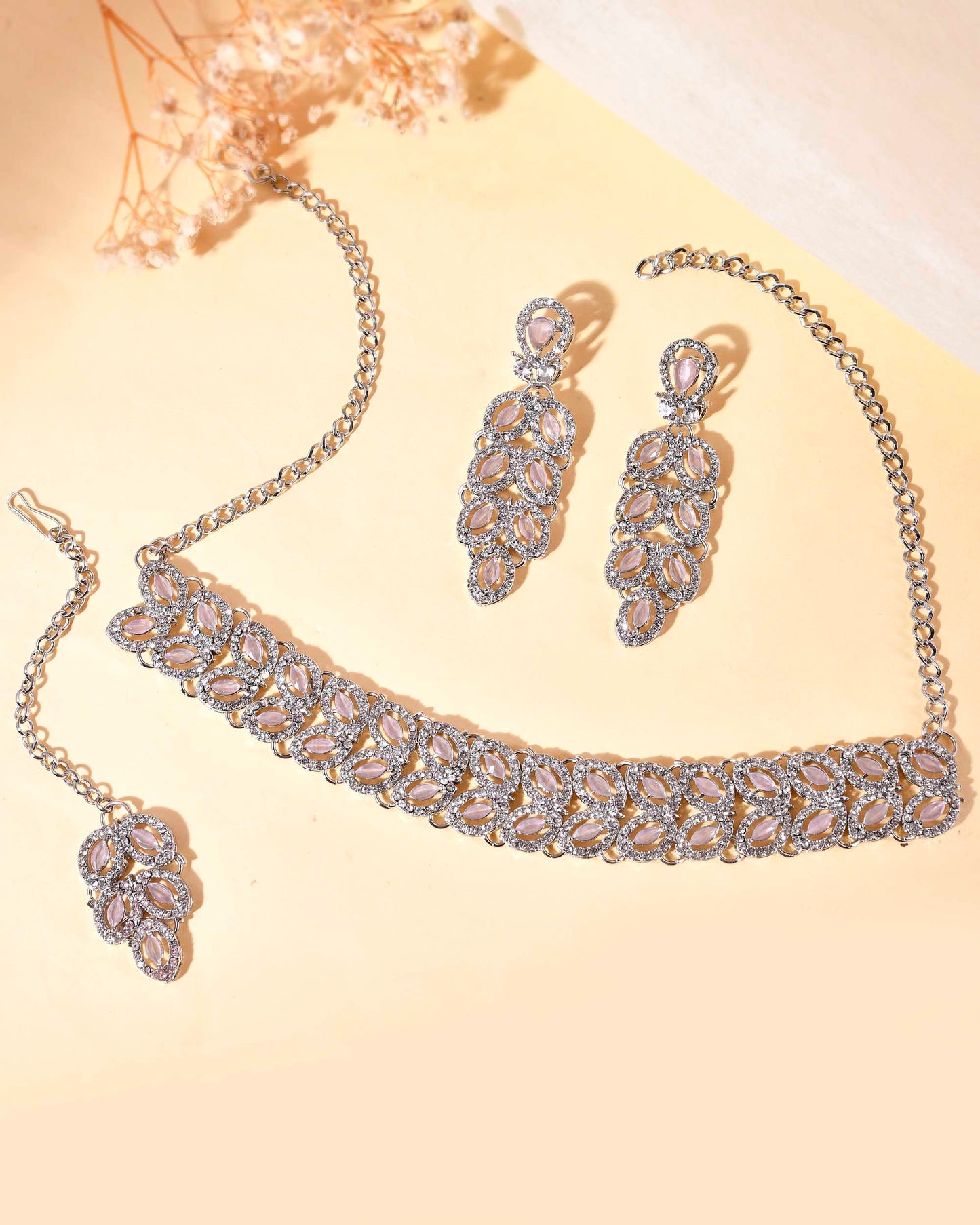 VOJ Silver Plated Baby Pink AD Stone Studded Designer Jewellery Set With Mangtikka - Swadesiicart
