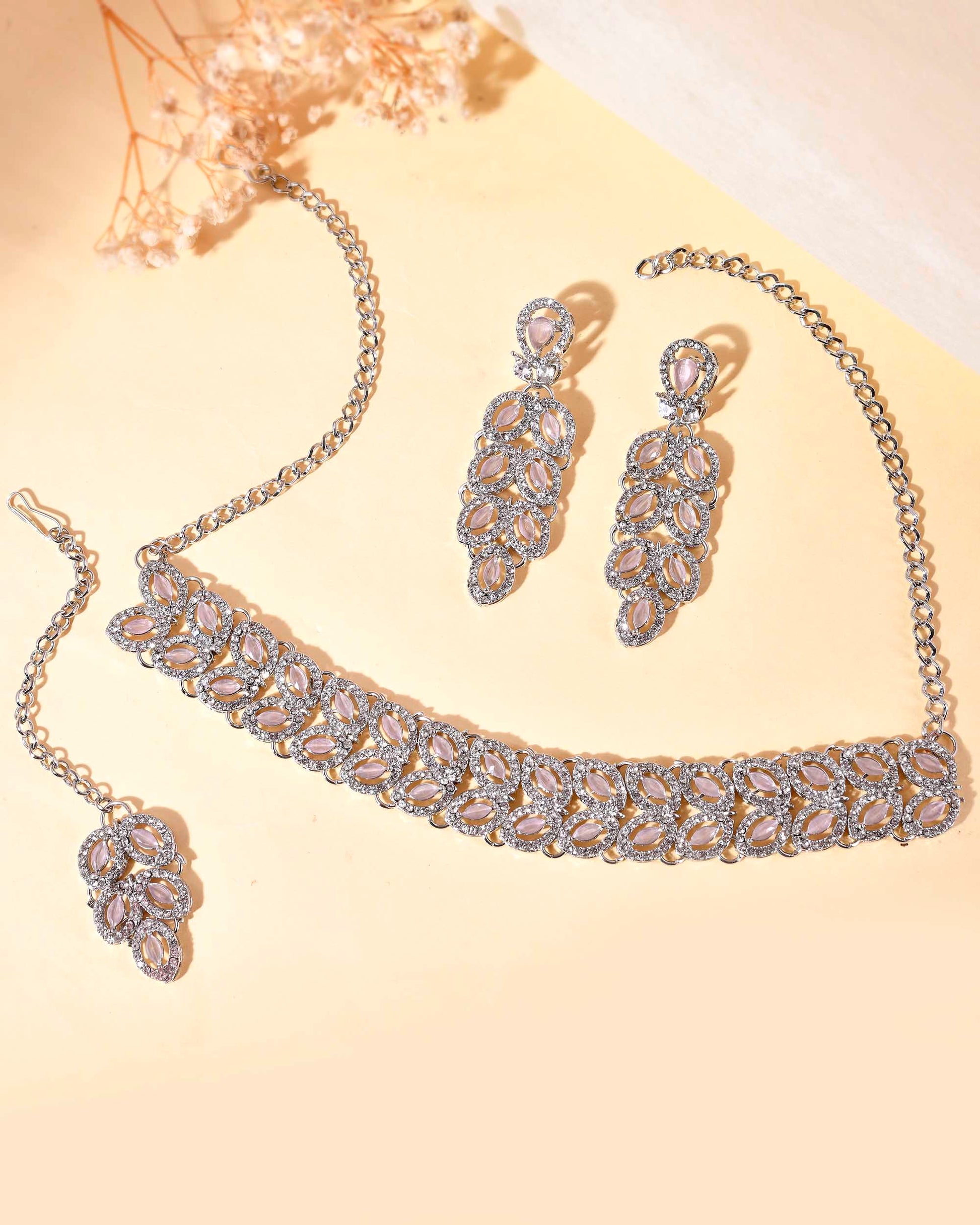 VOJ Silver Plated Baby Pink AD Stone Studded Designer Jewellery Set With Mangtikka - Swadesiicart