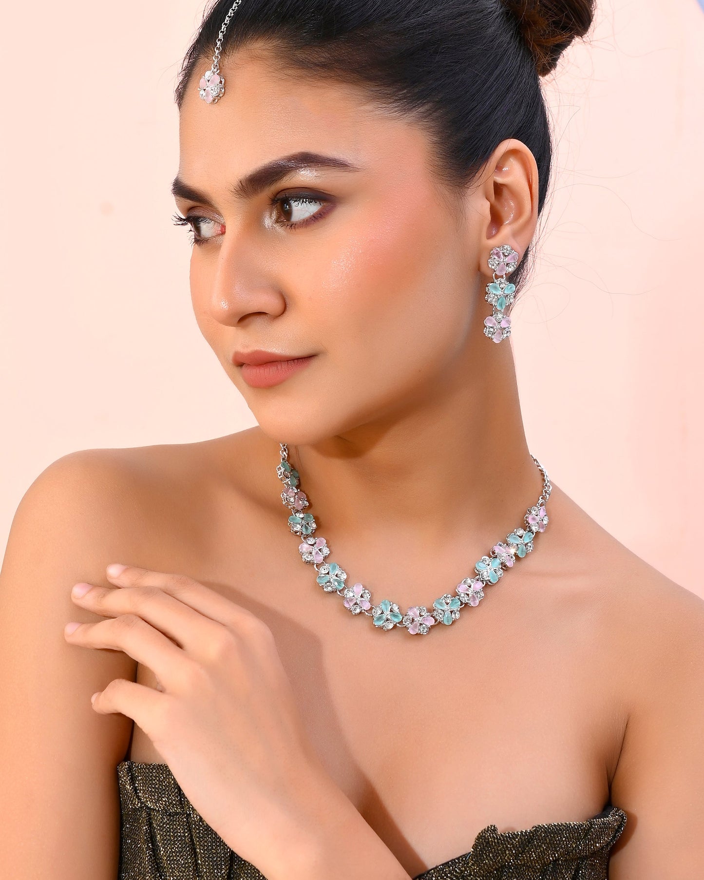 VOJ Silver Plated AD With Nude Green And Light Pink Flower Jewellery Set With Mangtikka - Swadesiicart