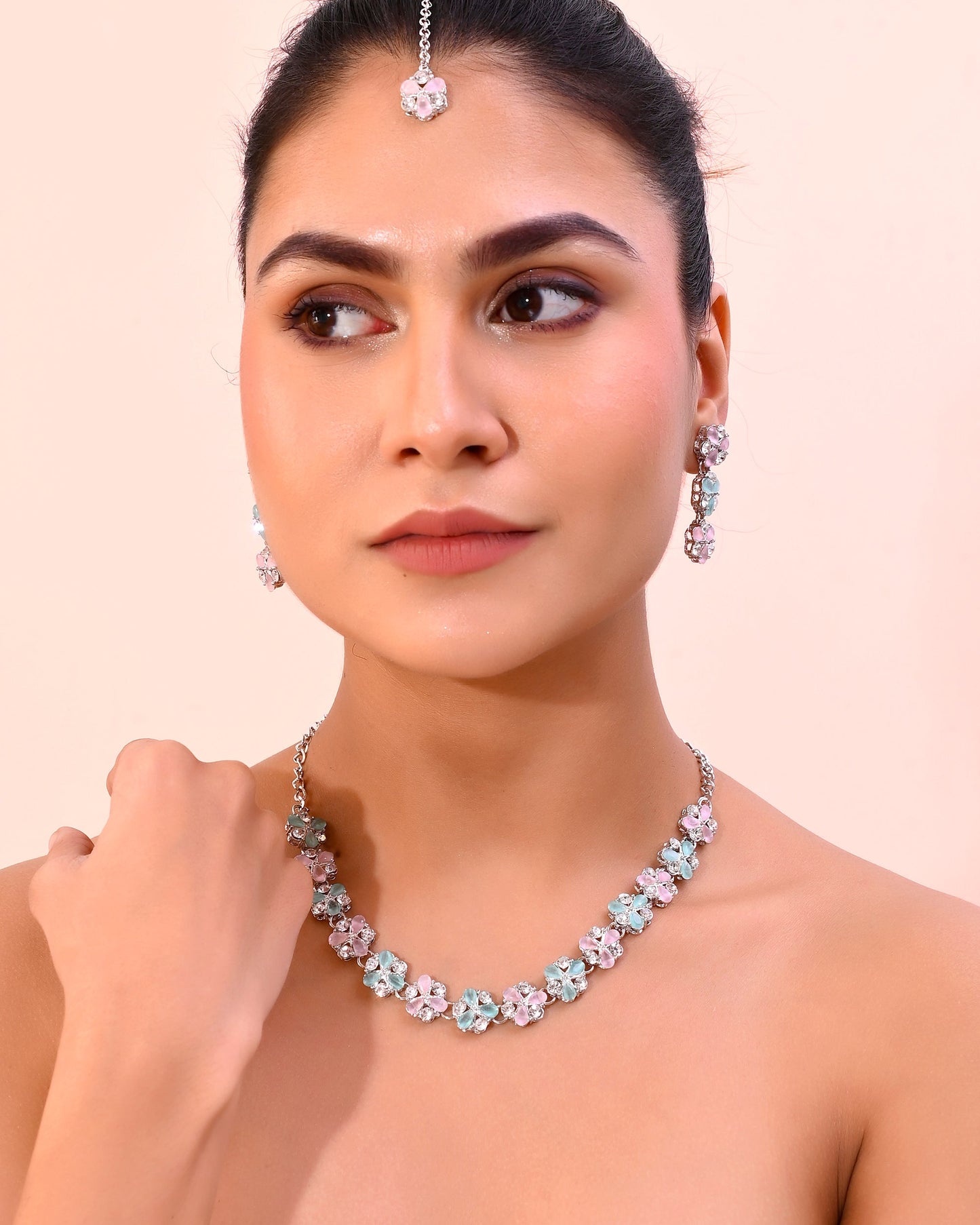 VOJ Silver Plated AD With Nude Green And Light Pink Flower Jewellery Set With Mangtikka - Swadesiicart