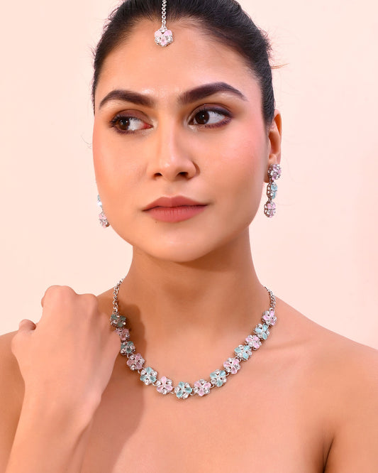 VOJ Silver Plated AD With Nude Green And Light Pink Flower Jewellery Set With Mangtikka - Swadesiicart