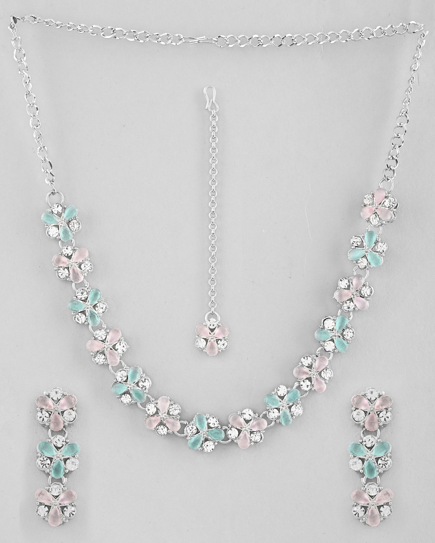VOJ Silver Plated AD With Nude Green And Light Pink Flower Jewellery Set With Mangtikka - Swadesiicart