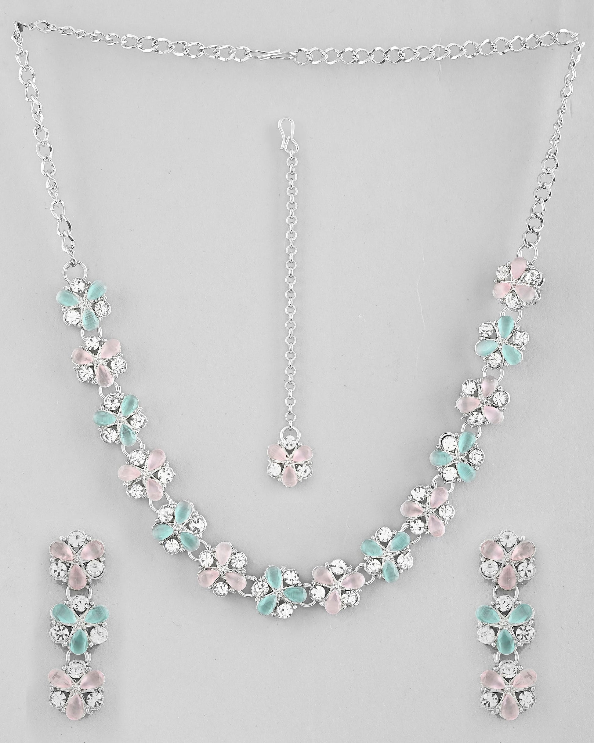 VOJ Silver Plated AD With Nude Green And Light Pink Flower Jewellery Set With Mangtikka - Swadesiicart
