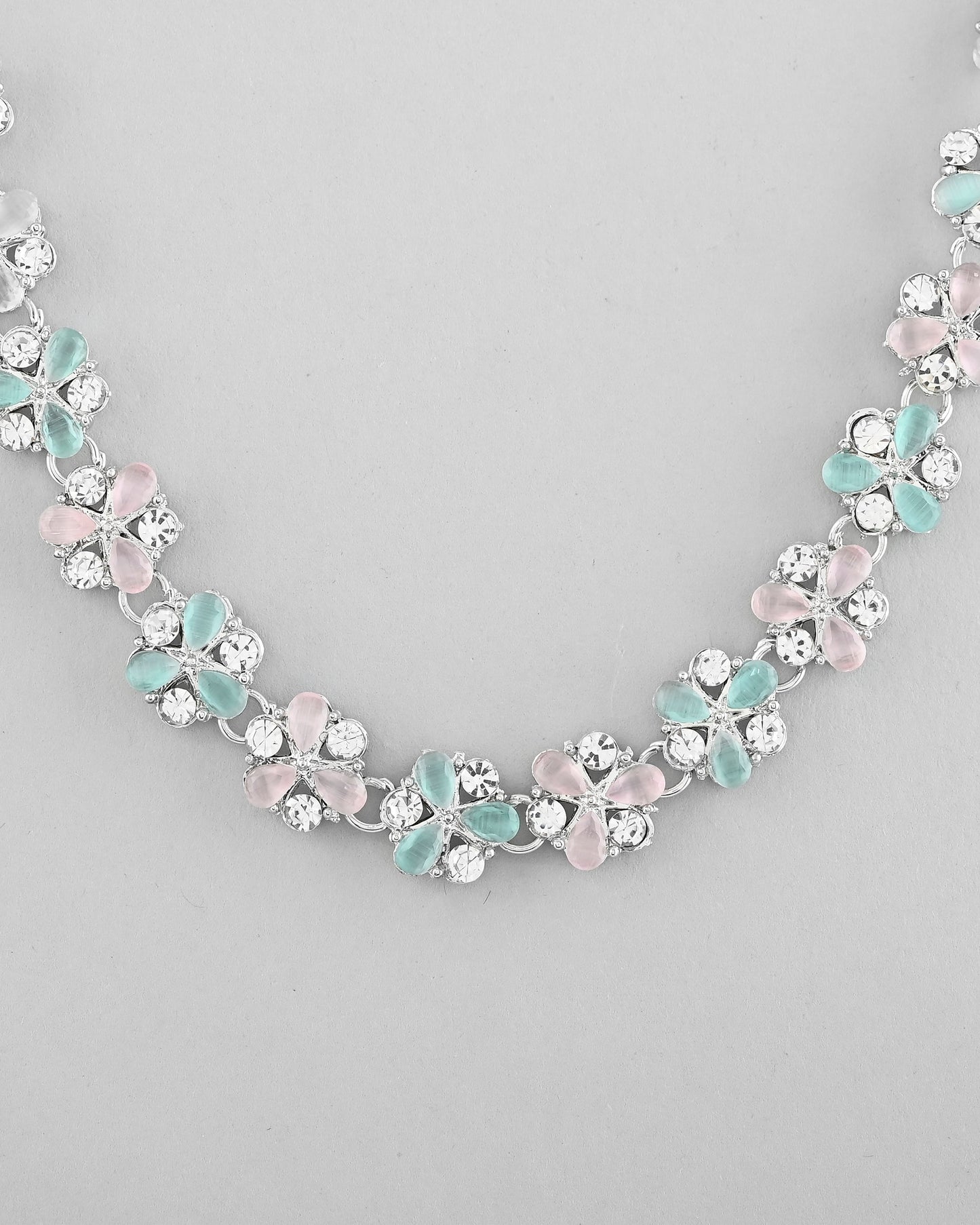 VOJ Silver Plated AD With Nude Green And Light Pink Flower Jewellery Set With Mangtikka - Swadesiicart