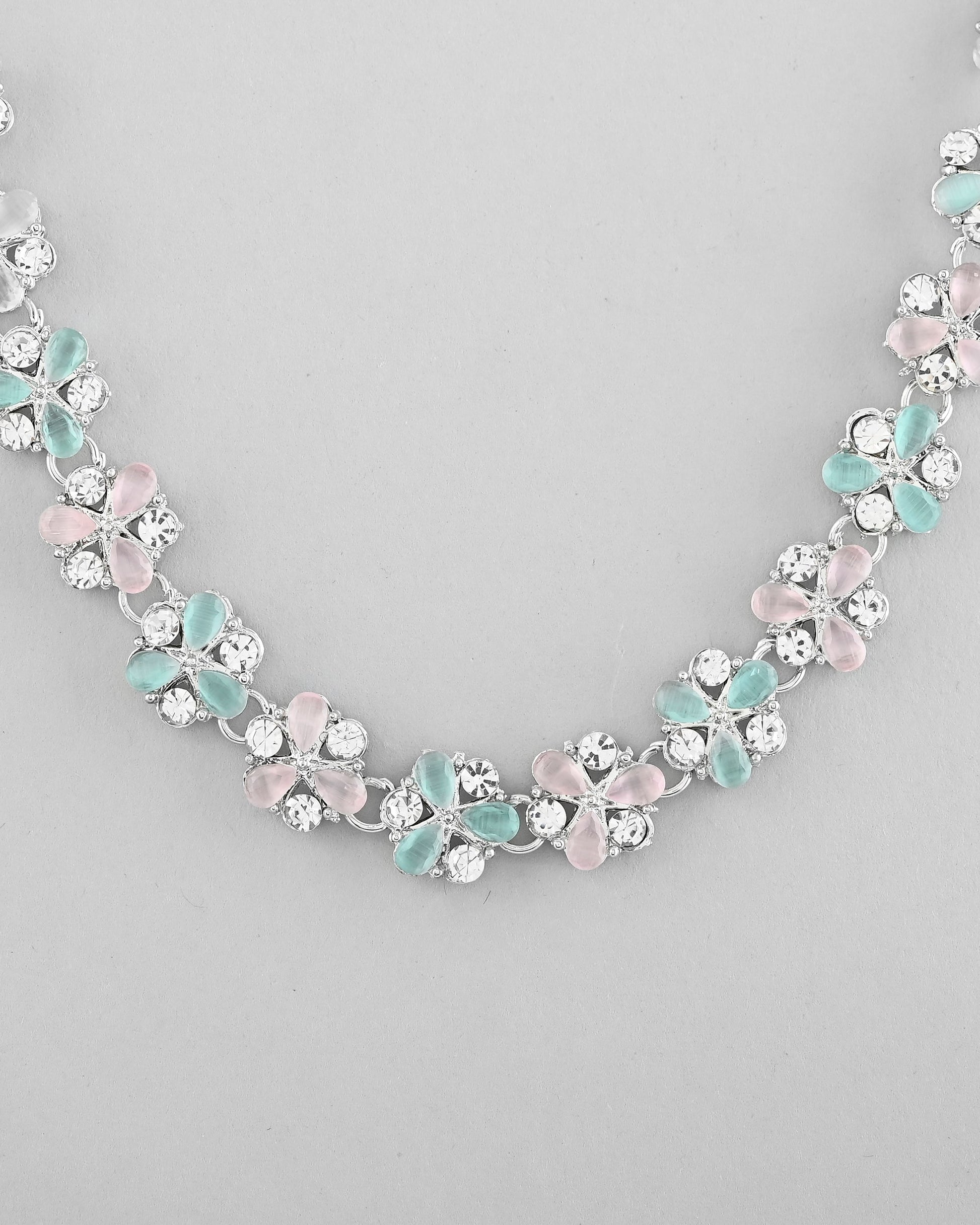 VOJ Silver Plated AD With Nude Green And Light Pink Flower Jewellery Set With Mangtikka - Swadesiicart