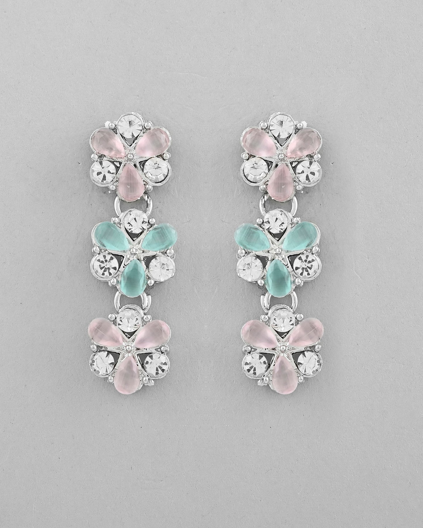 VOJ Silver Plated AD With Nude Green And Light Pink Flower Jewellery Set With Mangtikka - Swadesiicart