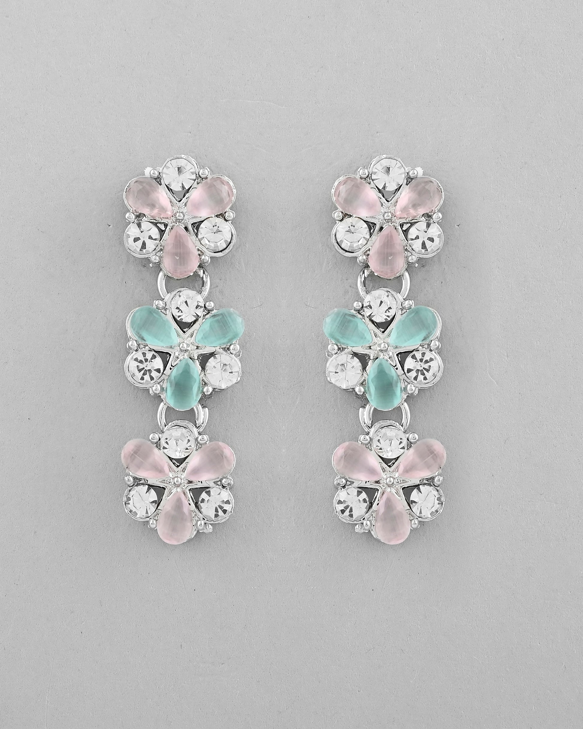 VOJ Silver Plated AD With Nude Green And Light Pink Flower Jewellery Set With Mangtikka - Swadesiicart