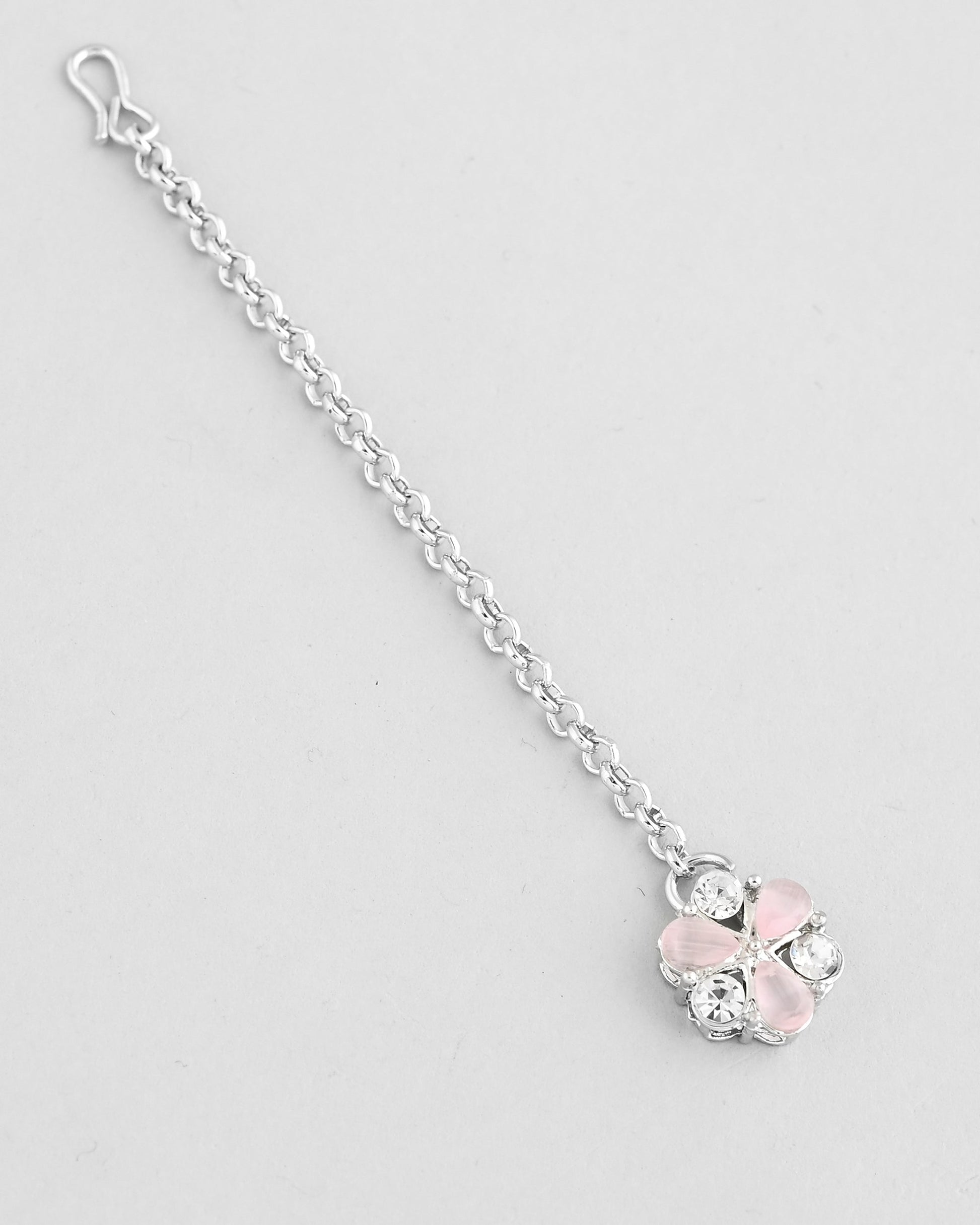 VOJ Silver Plated AD With Nude Green And Light Pink Flower Jewellery Set With Mangtikka - Swadesiicart
