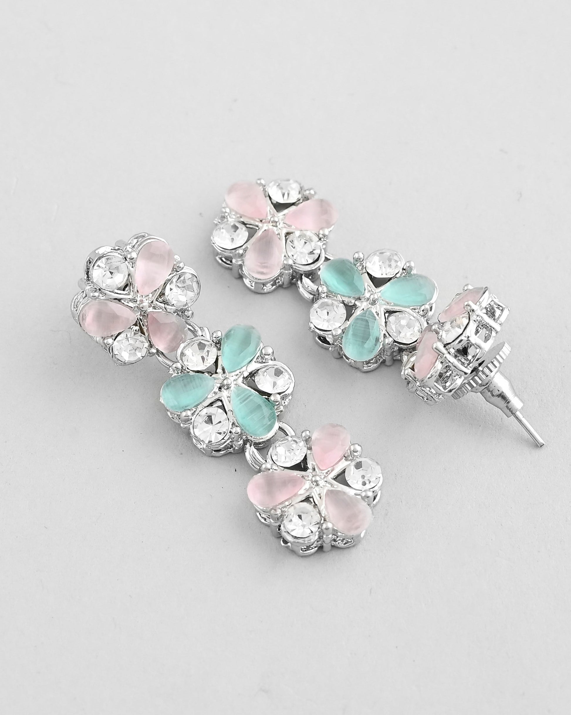VOJ Silver Plated AD With Nude Green And Light Pink Flower Jewellery Set With Mangtikka - Swadesiicart