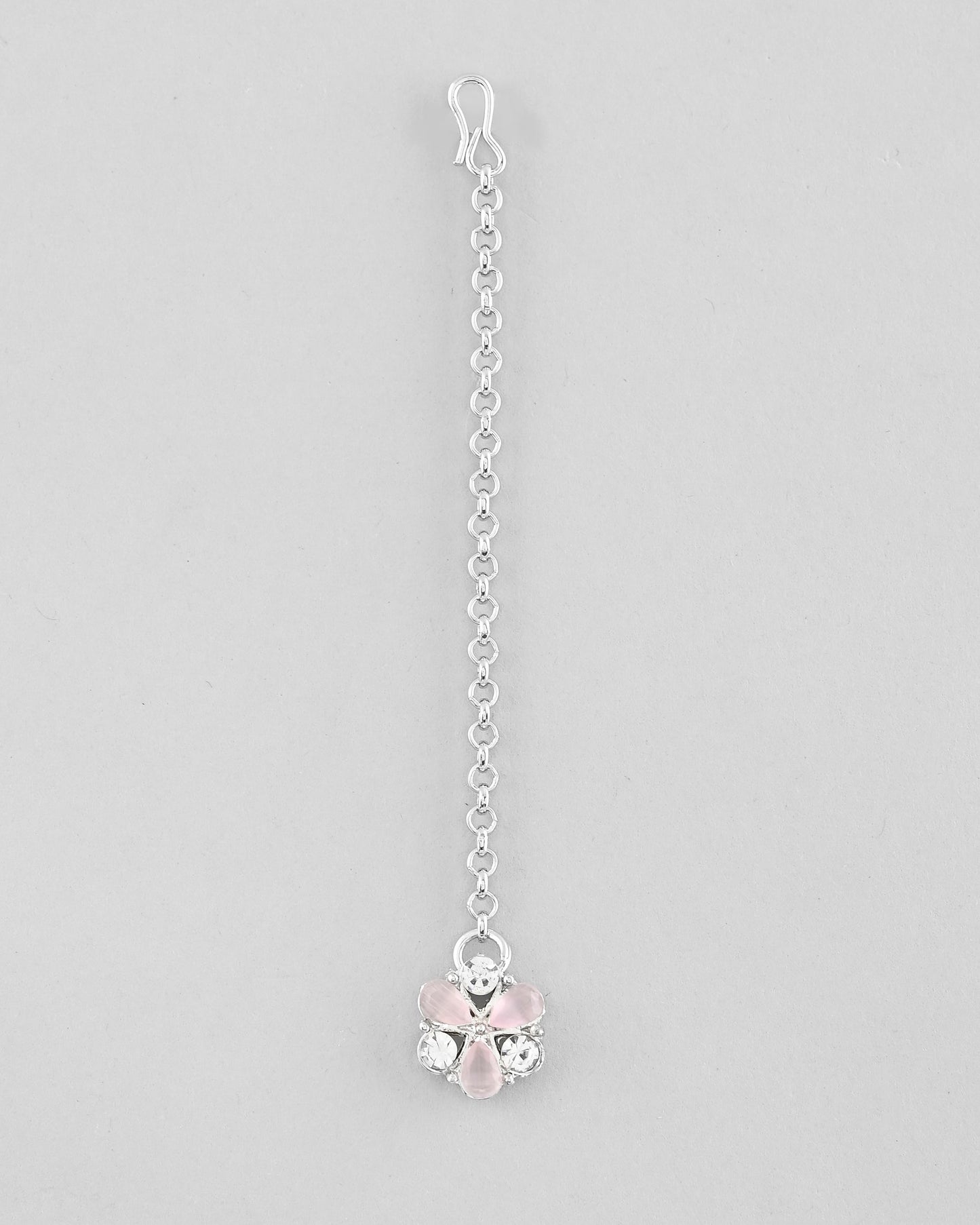 VOJ Silver Plated AD With Nude Green And Light Pink Flower Jewellery Set With Mangtikka - Swadesiicart