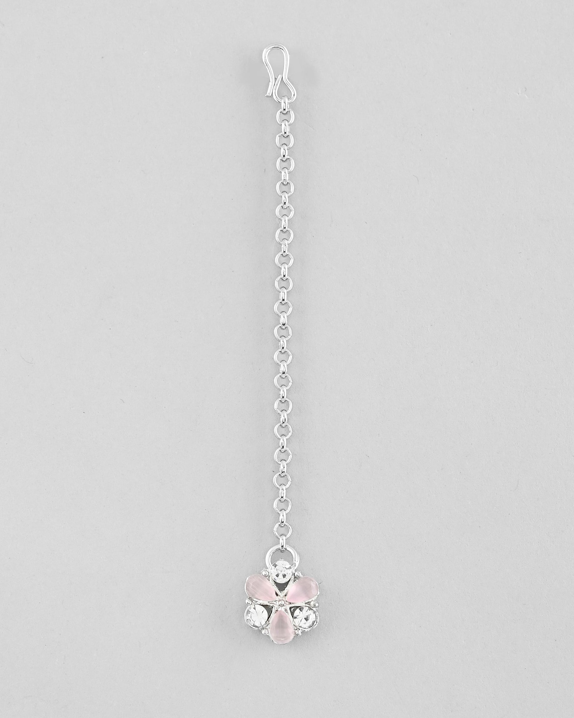 VOJ Silver Plated AD With Nude Green And Light Pink Flower Jewellery Set With Mangtikka - Swadesiicart