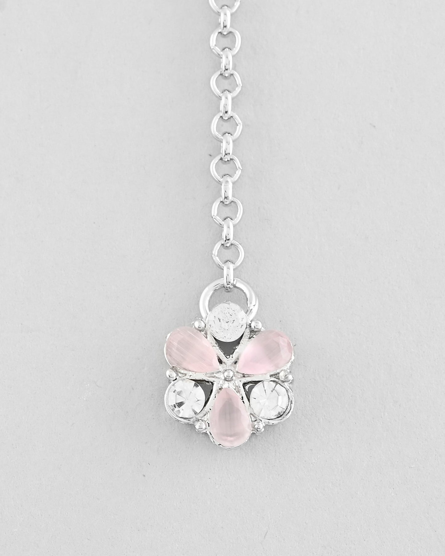 VOJ Silver Plated AD With Nude Green And Light Pink Flower Jewellery Set With Mangtikka - Swadesiicart